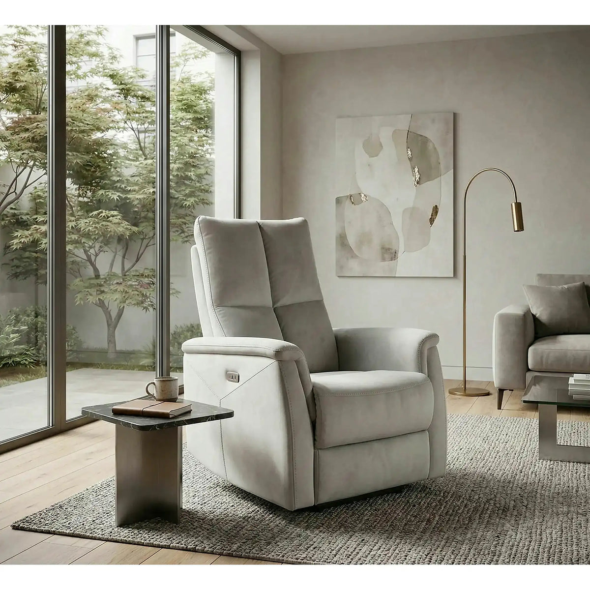 Fotoliu recliner NEPTUN, gri deschis, stofa catifelata/metal, 76x94/160x96 cm