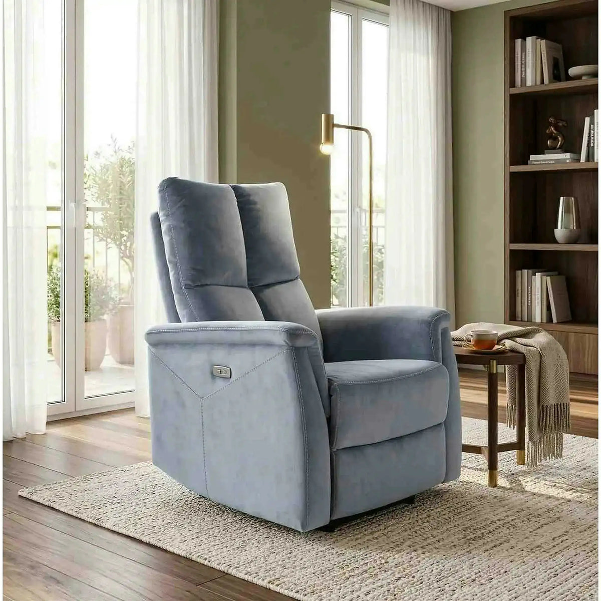 Fotoliu recliner NEPTUN M, gri, stofa catifelata/metal, functie de masaj, 76x94/160x96 cm