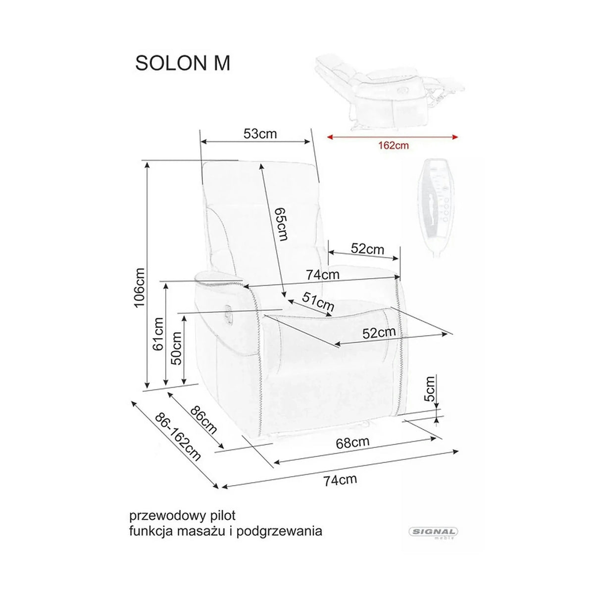 Fotoliu recliner SOLON M, stofa catifelata gri - Bluvel 14, 74x86/162x106 cm