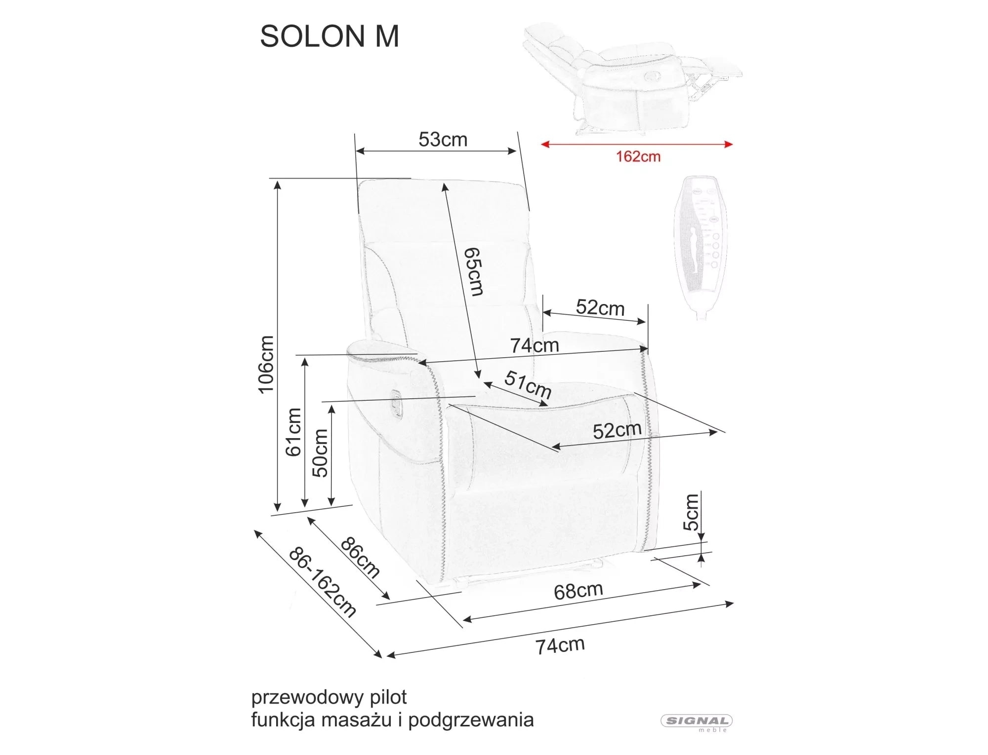 Fotoliu recliner SOLON M, stofa clasica gri inchis - Brego 18, 74x86/162x106 cm
