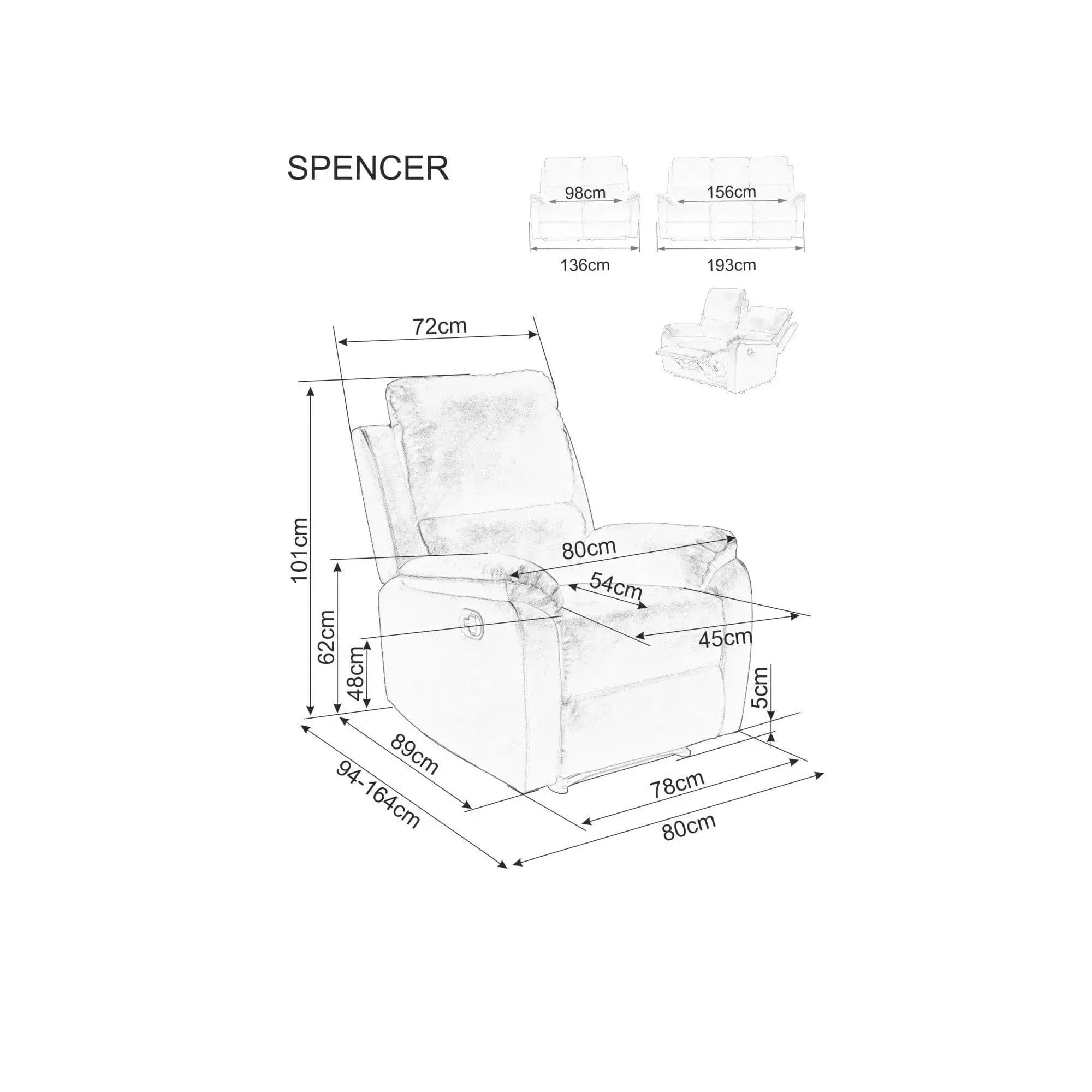 Fotoliu recliner SPENCER 1, gri inchis/negru, stofa clasica/metal, 80x94/164x101 cm
