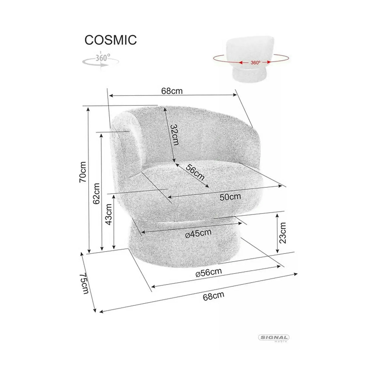 Fotoliu rotativ COSMIC, stofa clasica gri - Raven 13, 68x75x70 cm