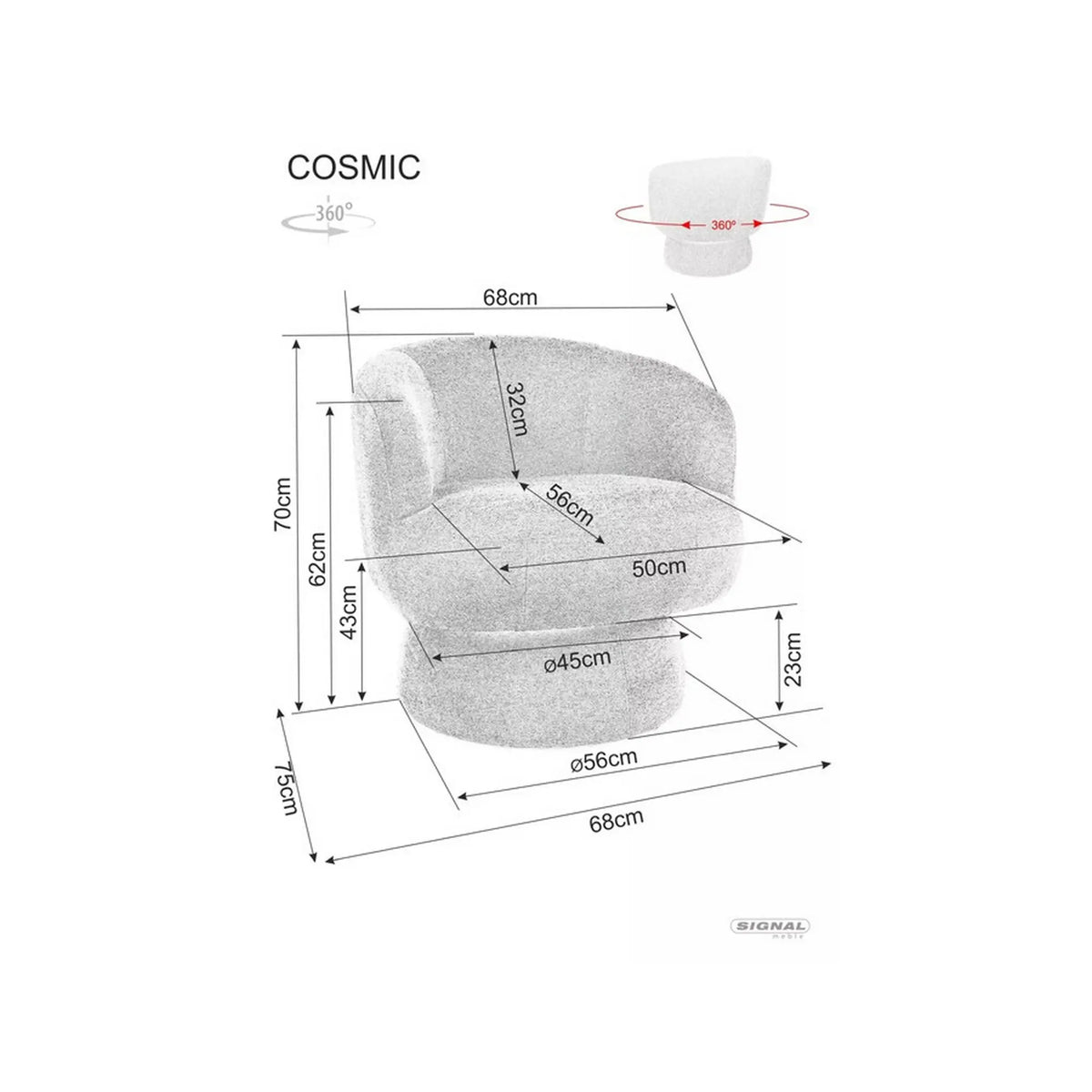 Fotoliu rotativ COSMIC, stofa clasica gri - Raven 13, 68x75x70 cm