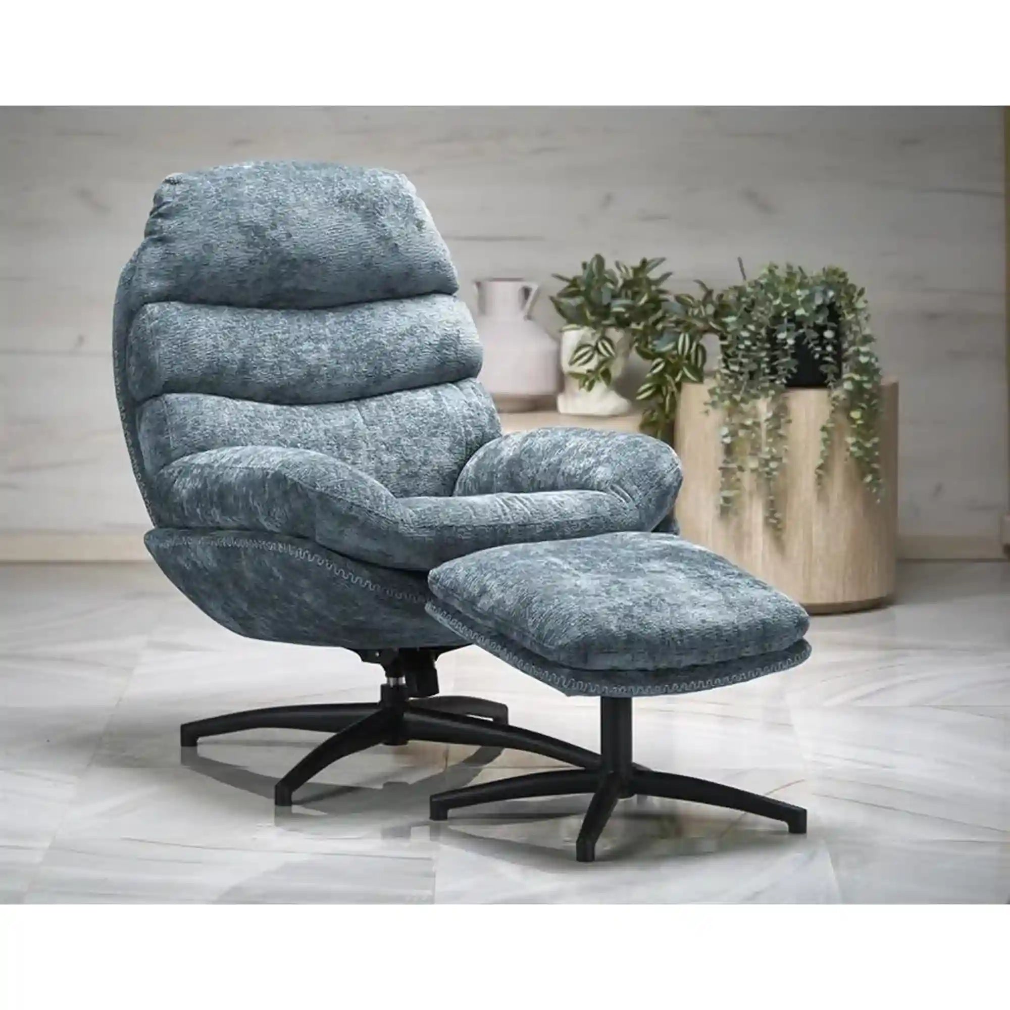 Fotoliu rotativ cu taburet DARIO , albastru/negru, stofa catifelata/metal