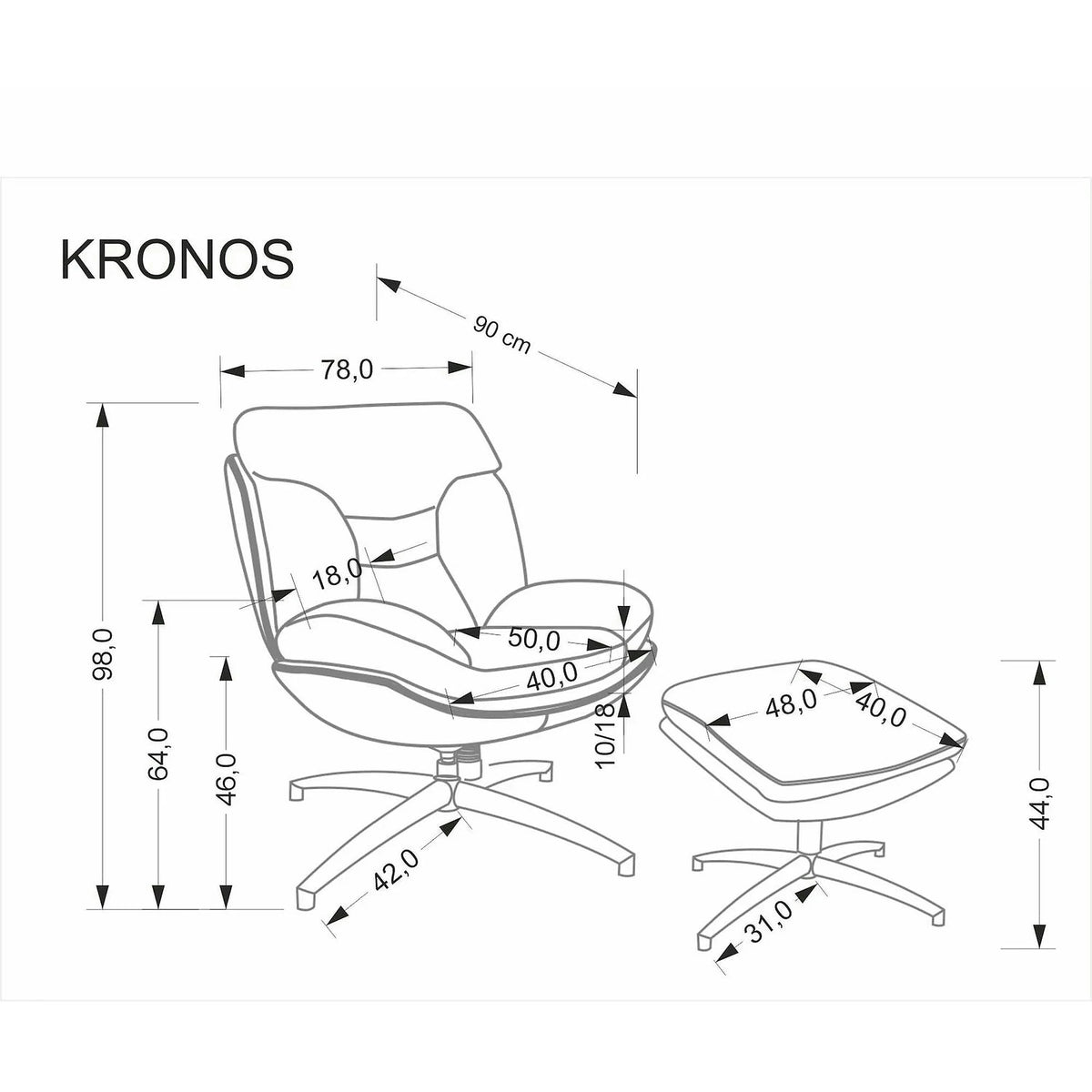 Fotoliu rotativ cu taburet KRONOS, bej/negru, stofa clasica/piele ecologica, 78x90x98 cm