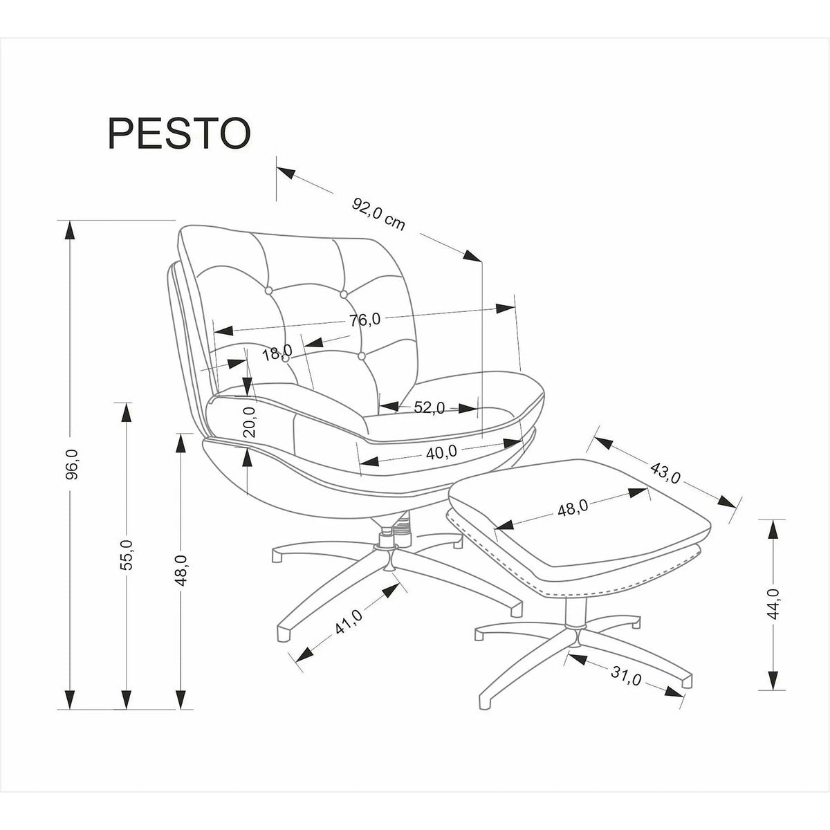 Fotoliu rotativ cu taburet PESTO, bej/negru, stofa clasica/metal, 76x92x96 cm