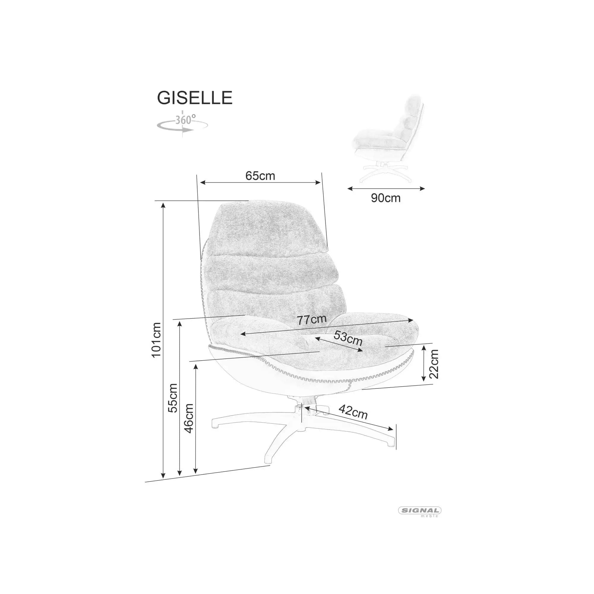 Fotoliu rotativ GISELLE, negru, stofa/piele ecologica/metal, 77x90x101 cm