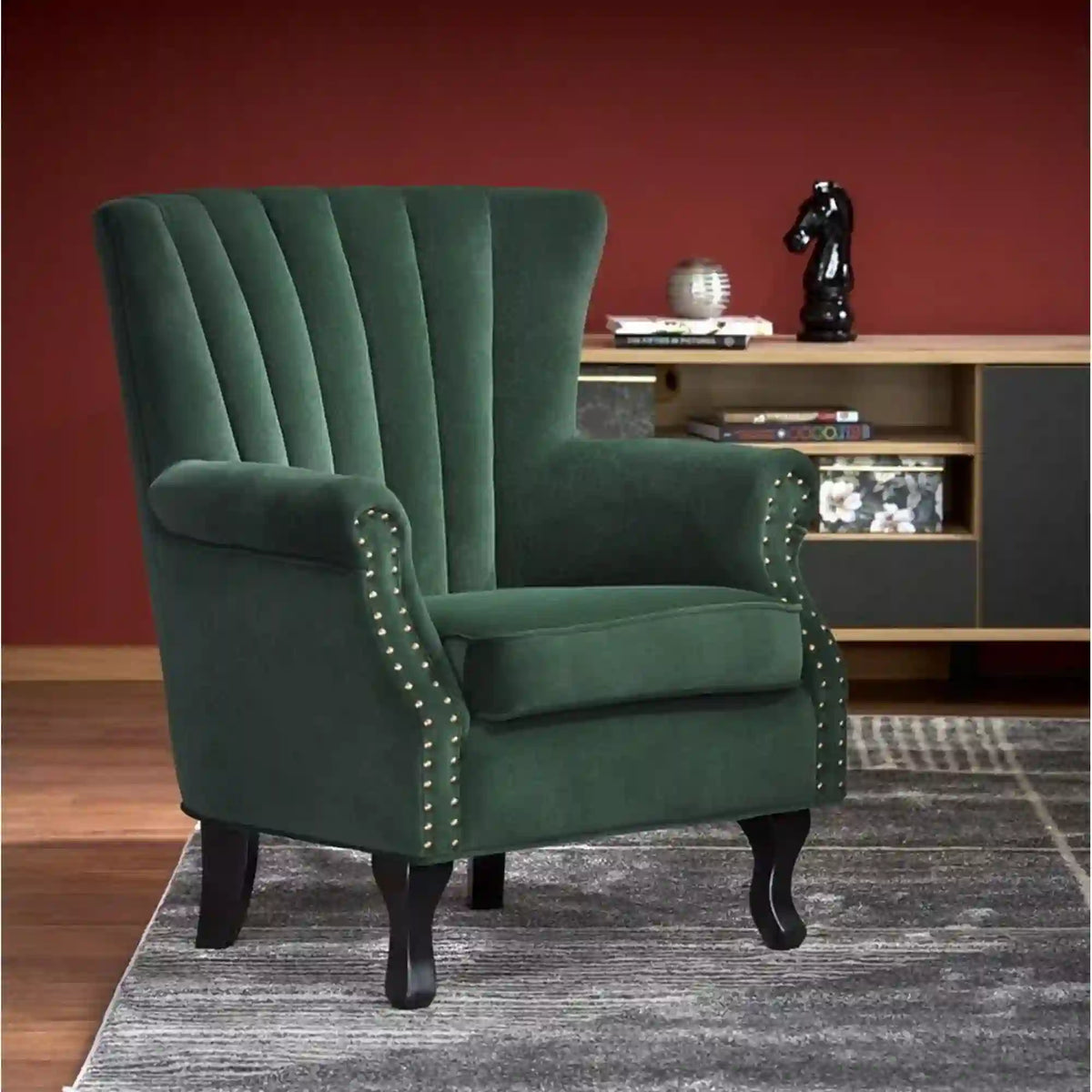 Fotoliu pentru living TITAN, verde inchis/negru, stofa catifelata/lemn, 73x70x87 cm