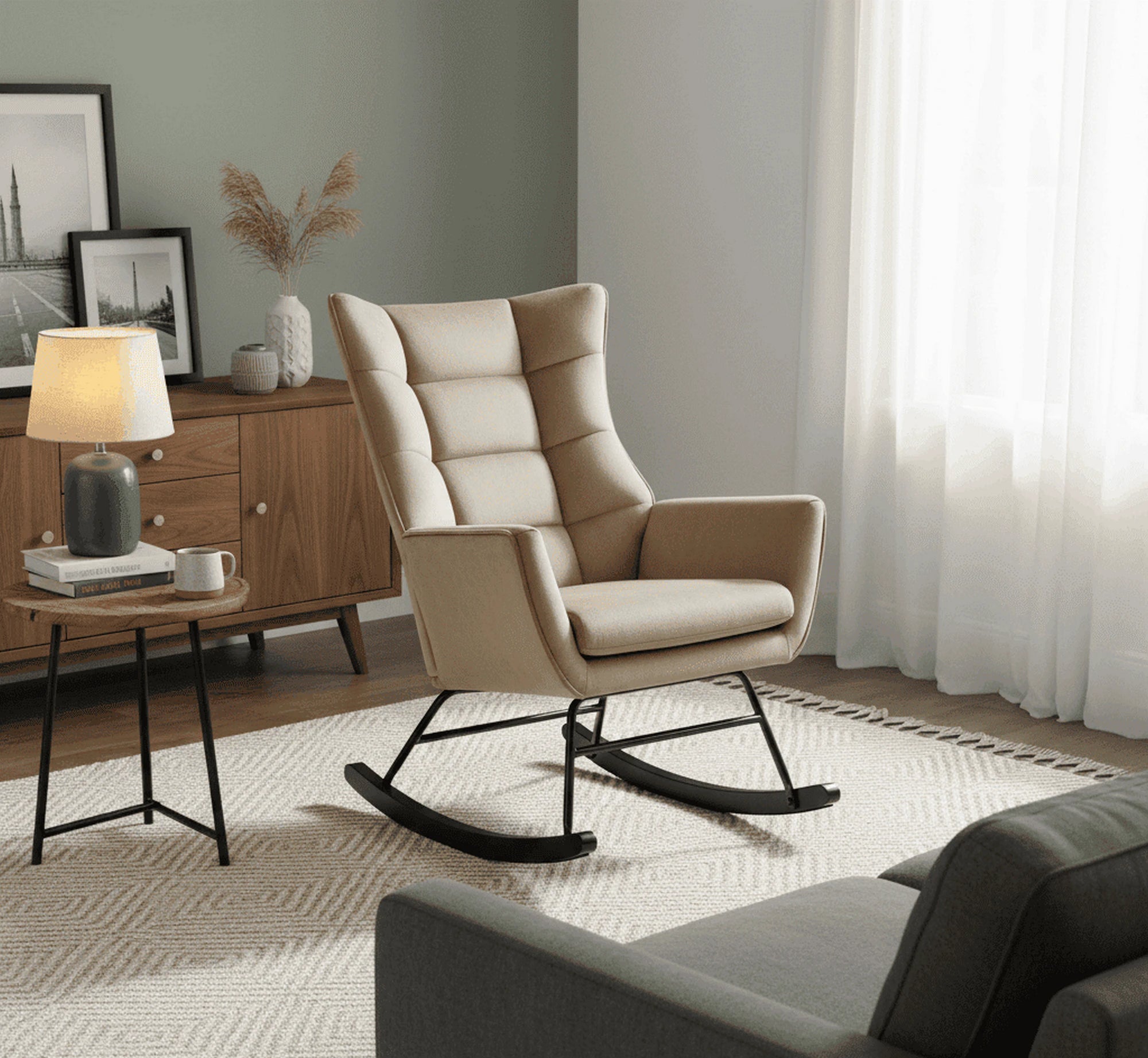 Fotoliu balansoar BAZALTO, bej/negru, stofa catifelata, 70x90x92 cm