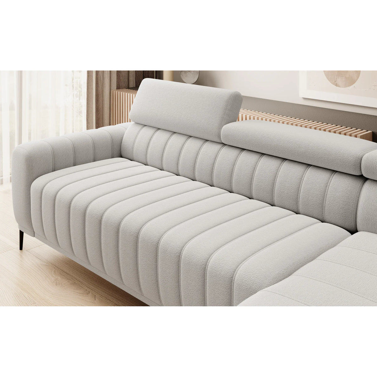 Coltar extensibil GANDI 160, sezlong dreapta, stofa catifelata bej - Vogue 02, Gama Premium, cu lada depozitare, 301x204x99 cm