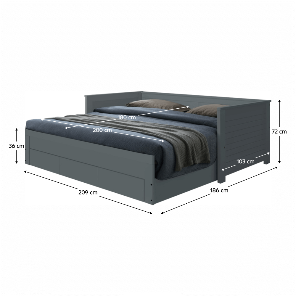 Pat extensibil GORETA, 90x200/180x200, gri, cu somiera si 3 sertare pentru depozitare