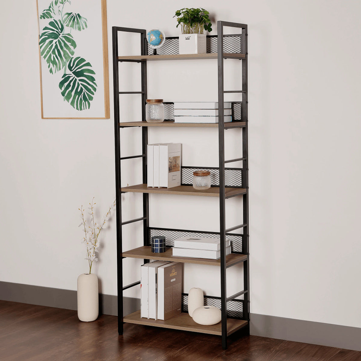 Etajera KELER TIP 2, negru/stejar, metal/DTD laminat, 60x28x154 cm