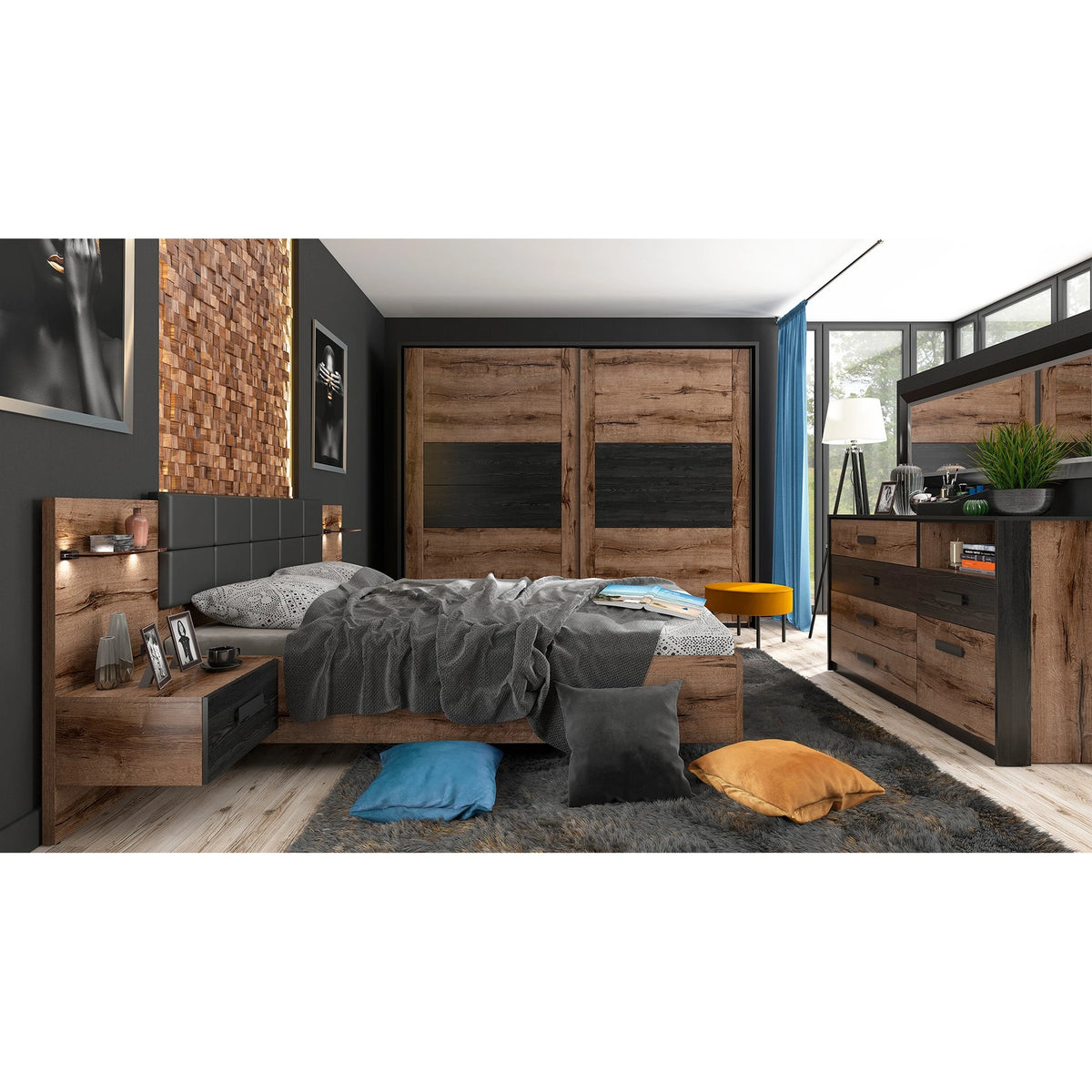 Set dormitor KASSEL, stejar/negru, pat 160x200 cu noptiere, dulap cu 2 usi si comoda