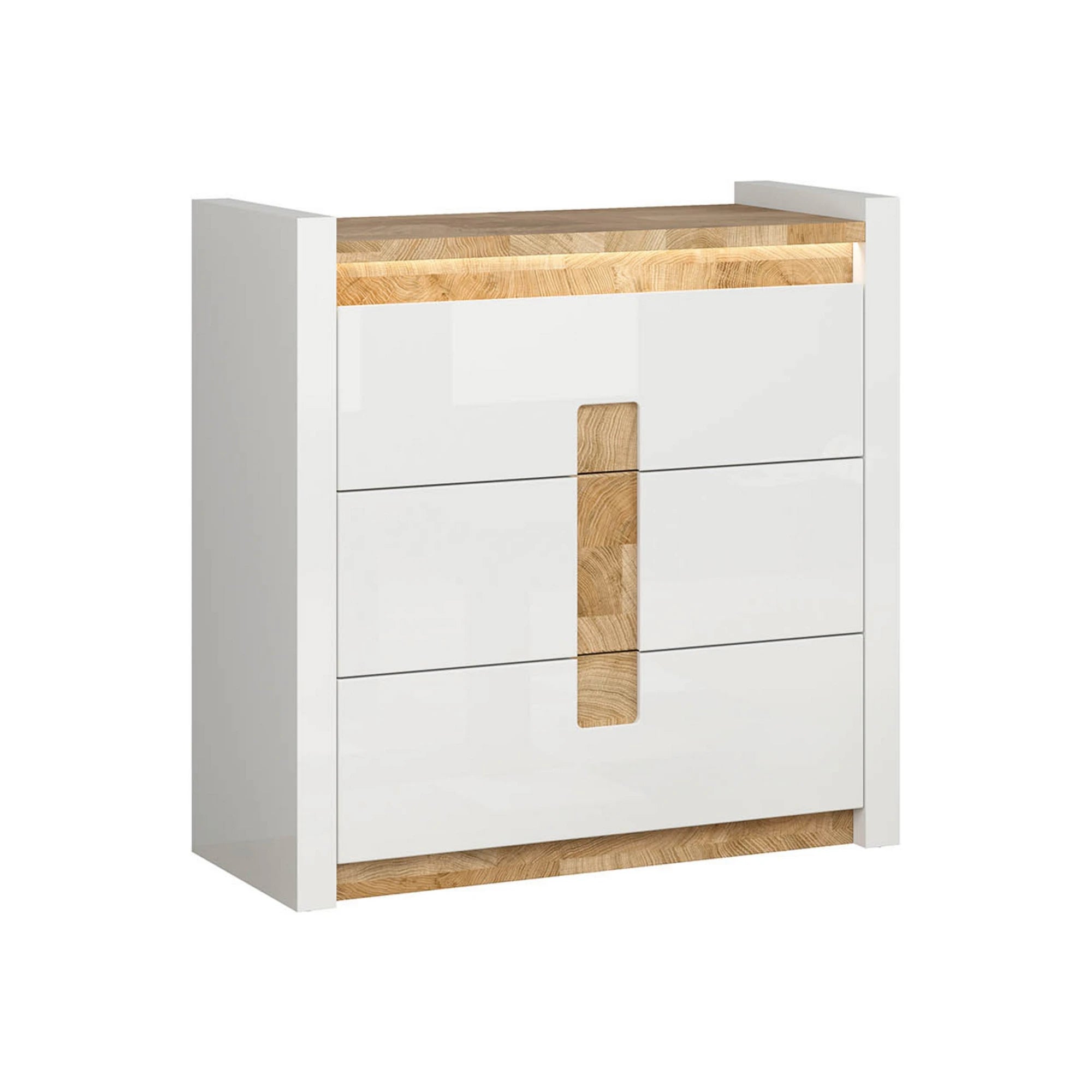 Set dormitor ALAMEDA, alb/stejar, pat 140x200, dulap cu 3 usi si 2 sertare, comoda si noptiera