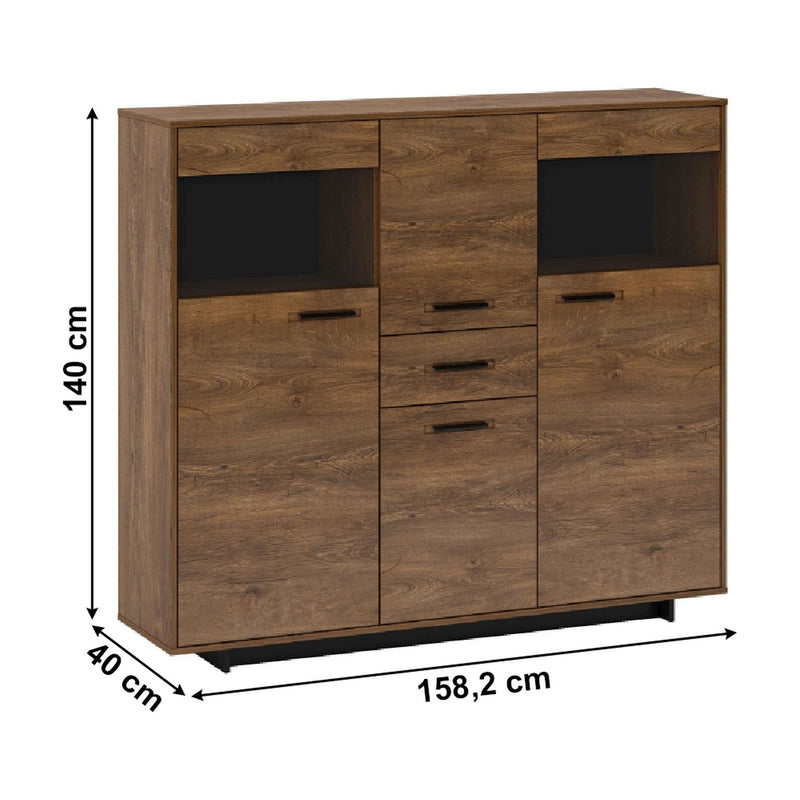 Comoda DELIS, stejar/negru laminat, 4 usi si un sertar, 158.2x40x140 cm