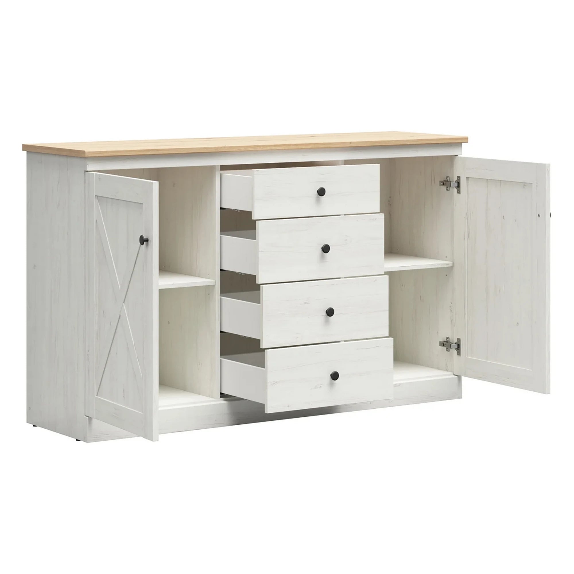 Set dormitor FRIJA, pin alb andersen/stejar artisan, pat 160x200, dulap cu 4 usi, 2 noptiere si comoda