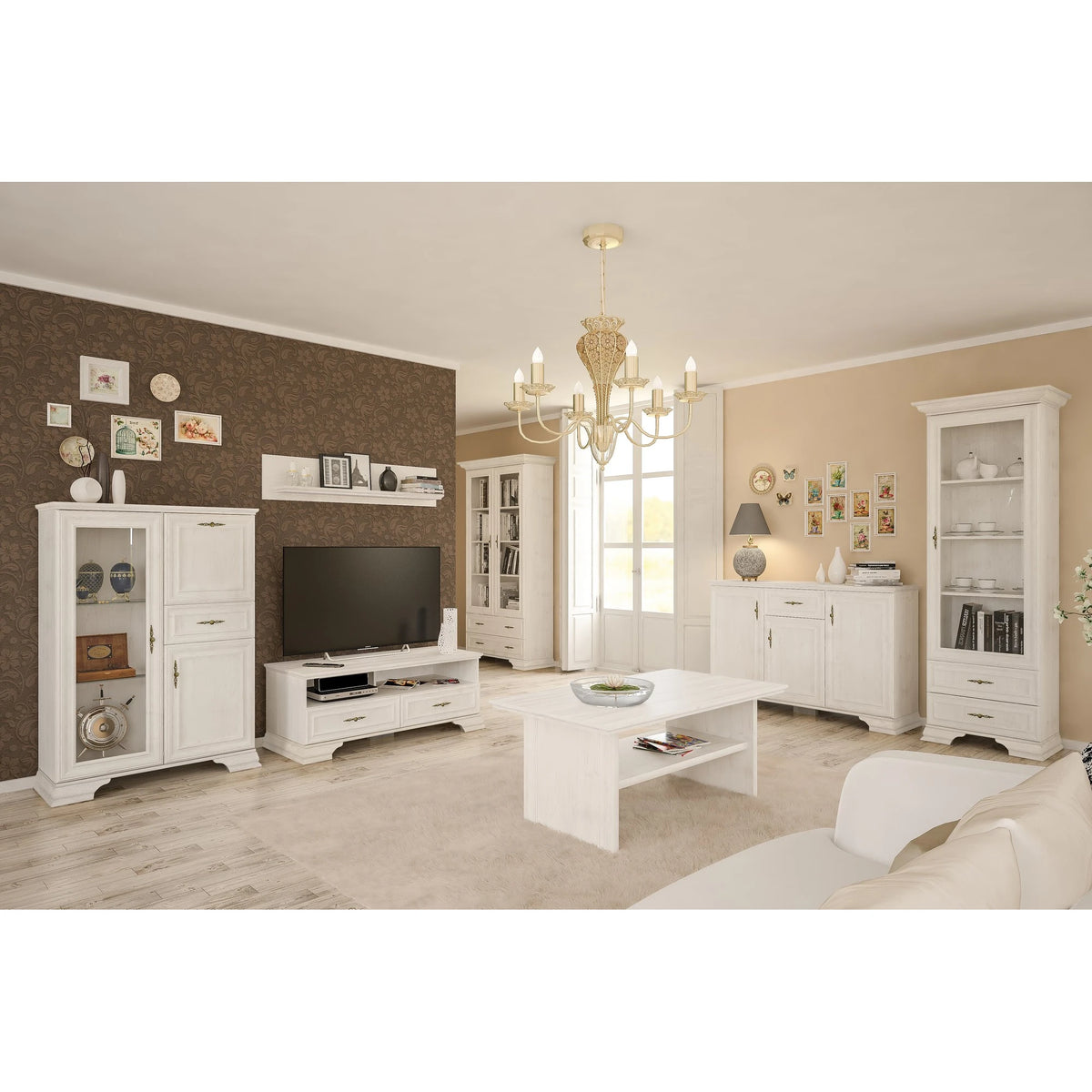 Vitrina living clasica IRYS, pin alb anderson, PAL laminat, 93x39x133 cm