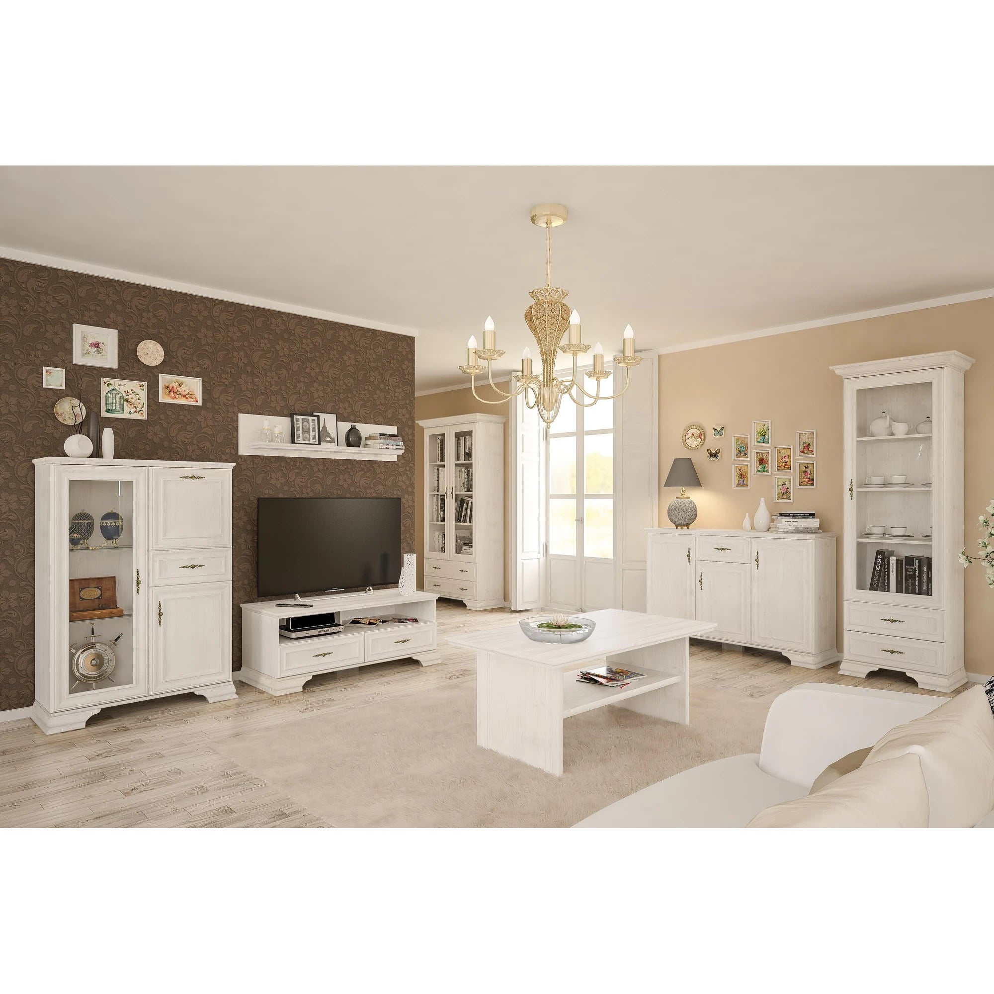 Vitrina living clasica IRYS, pin alb anderson, PAL laminat, 93x39x133 cm