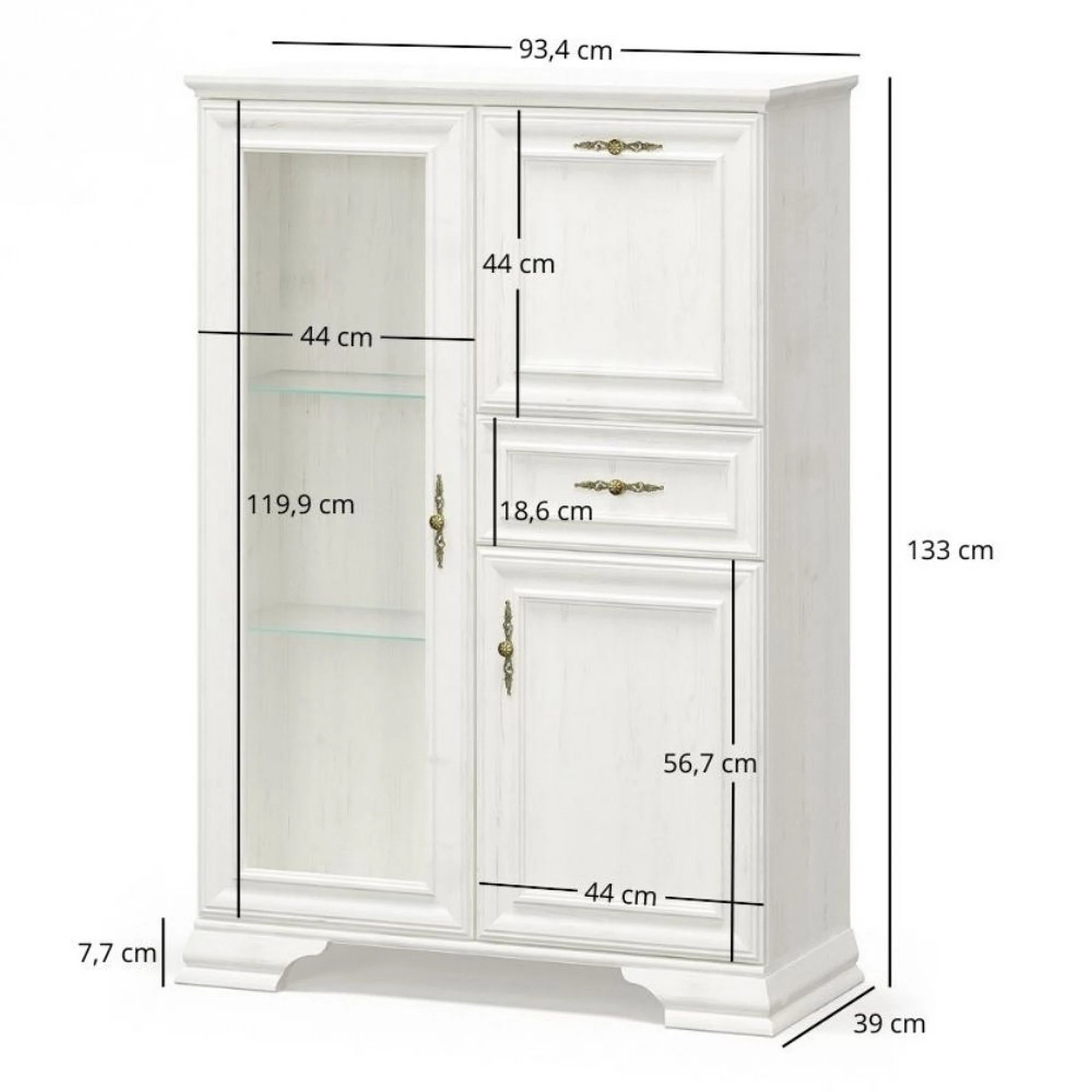 Vitrina living clasica IRYS, pin alb anderson, PAL laminat, 93x39x133 cm