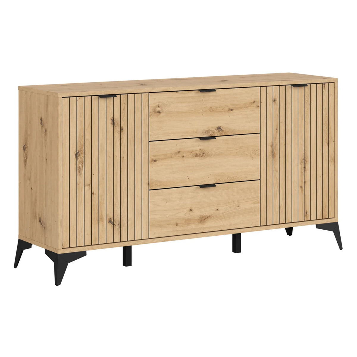 Set dormitor LAMEA, stejar artisan, pat 160x200, dulap cu 3 usi, 2 noptiere si o comoda
