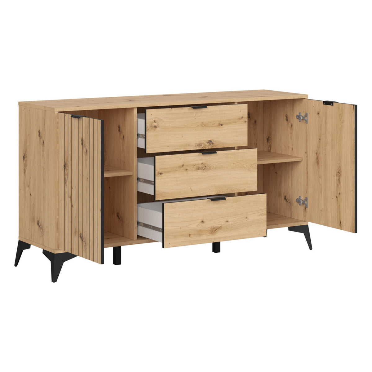 Set dormitor LAMEA, stejar artisan, pat 160x200, dulap cu 3 usi, 2 noptiere si o comoda