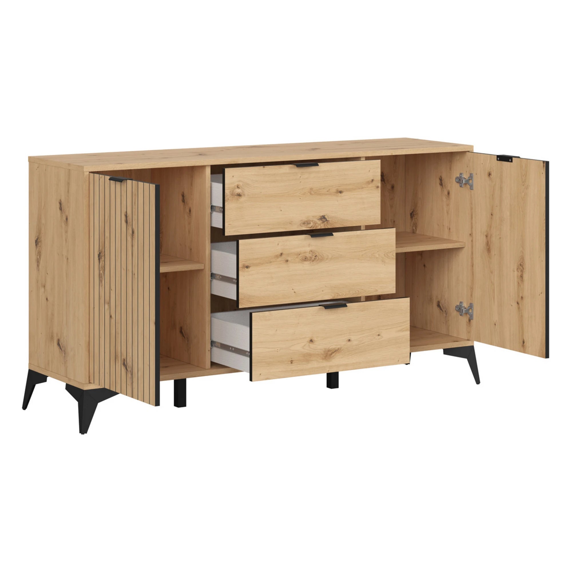 Set dormitor LAMEA, stejar artisan, pat 160x200, dulap cu 3 usi, 2 noptiere si o comoda