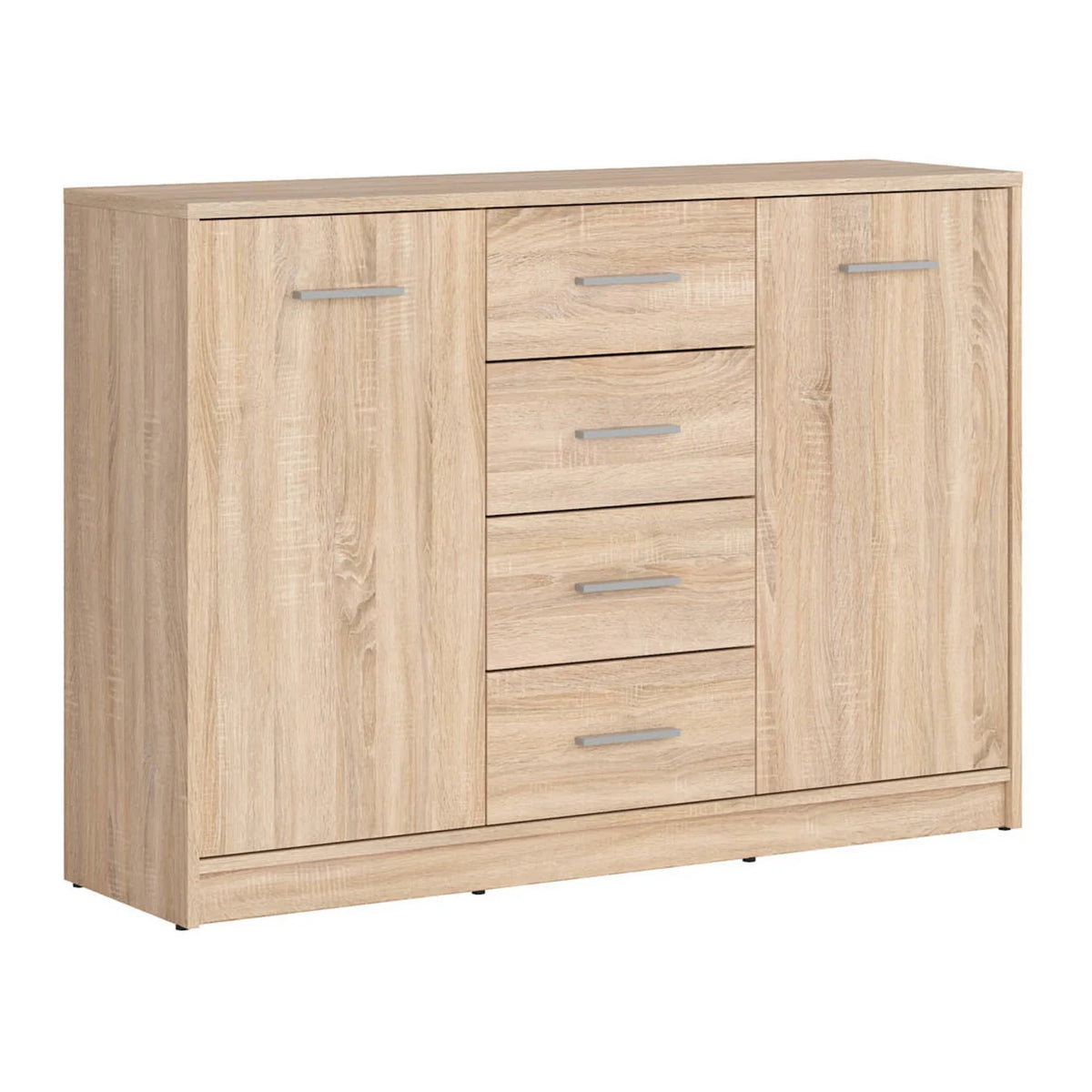 Set dormitor NEPO PLUS, stejar sonoma, pat 140x200, dulap cu 2 usi, 2 comode si noptiera