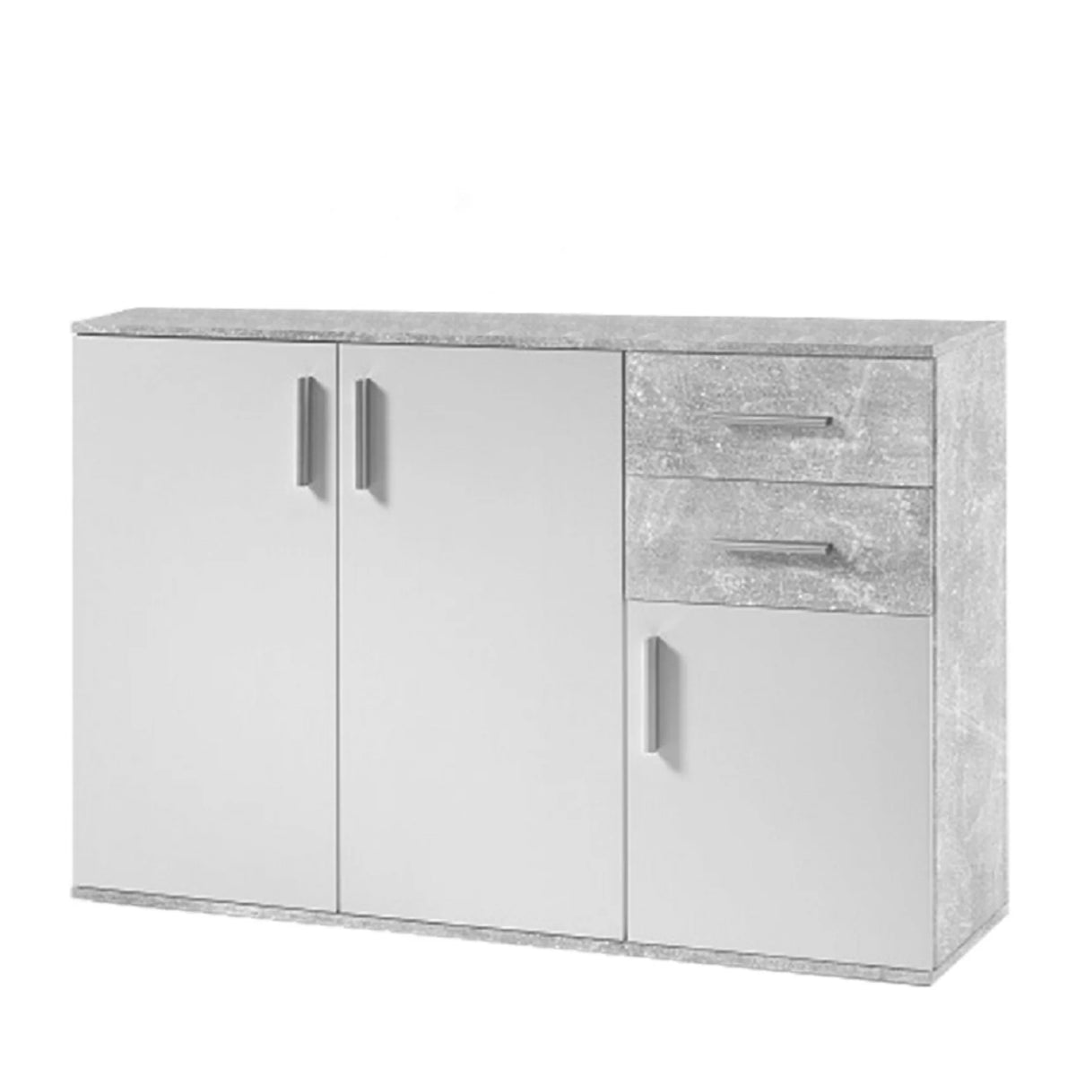 Comoda POPPY 2, alb/gri ciment, PAL melaminat, 120x35x82 cm