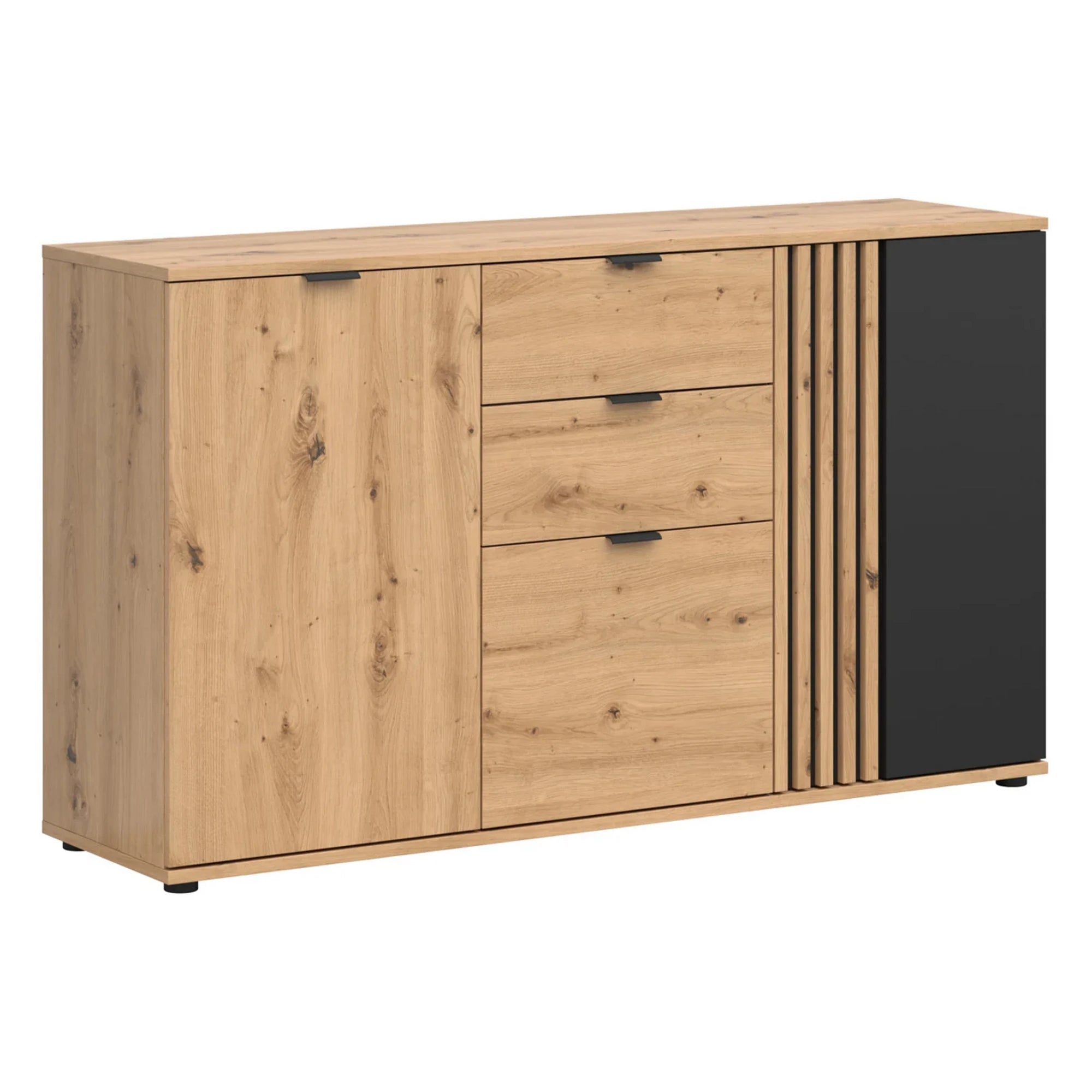 Set dormitor VABRES, stejar artisan/negru mat, pat 160x200, dulap cu 3 usi si 3 sertare, 2 noptiere si o comoda