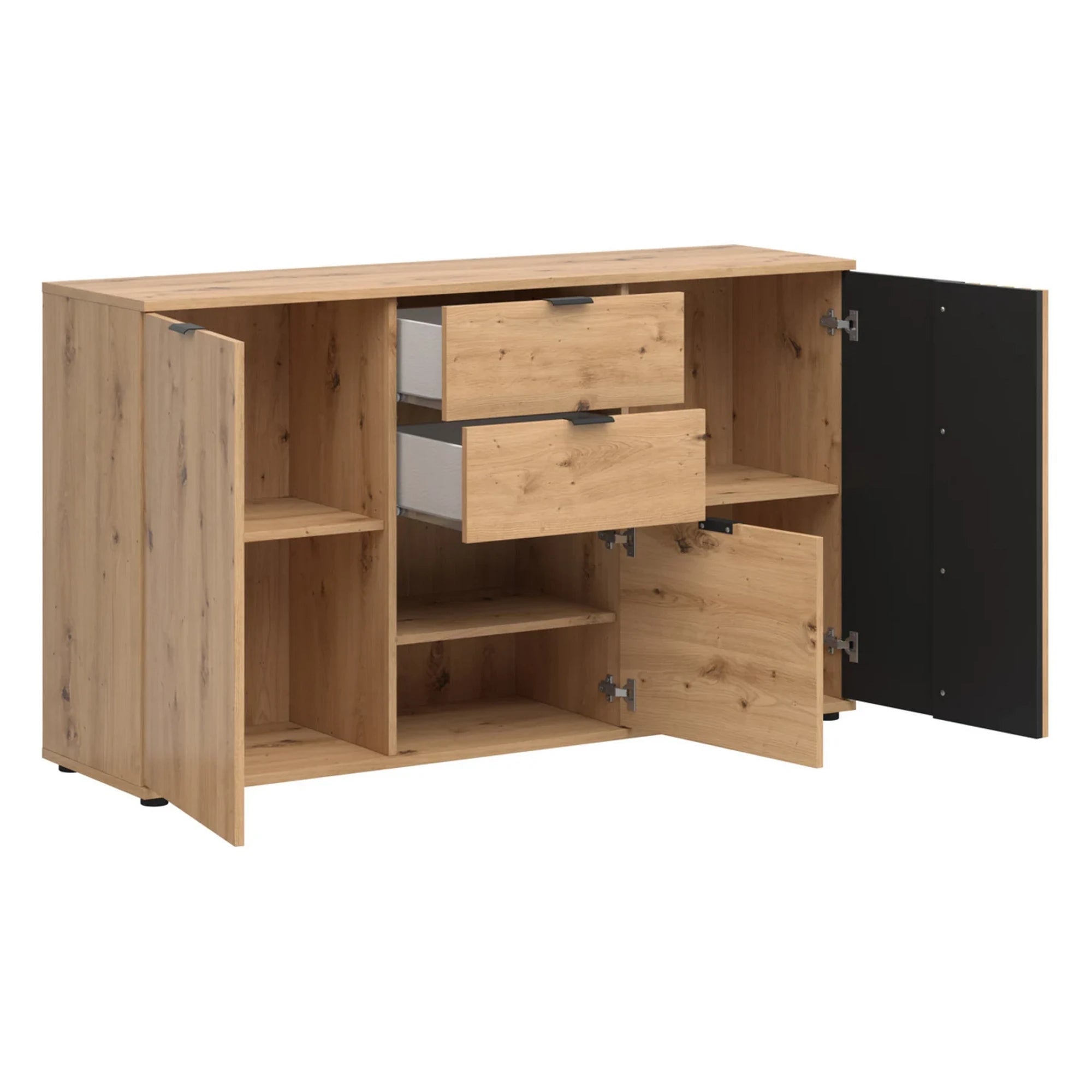 Set dormitor VABRES, stejar artisan/negru mat, pat 160x200, dulap cu 3 usi si 3 sertare, 2 noptiere si o comoda