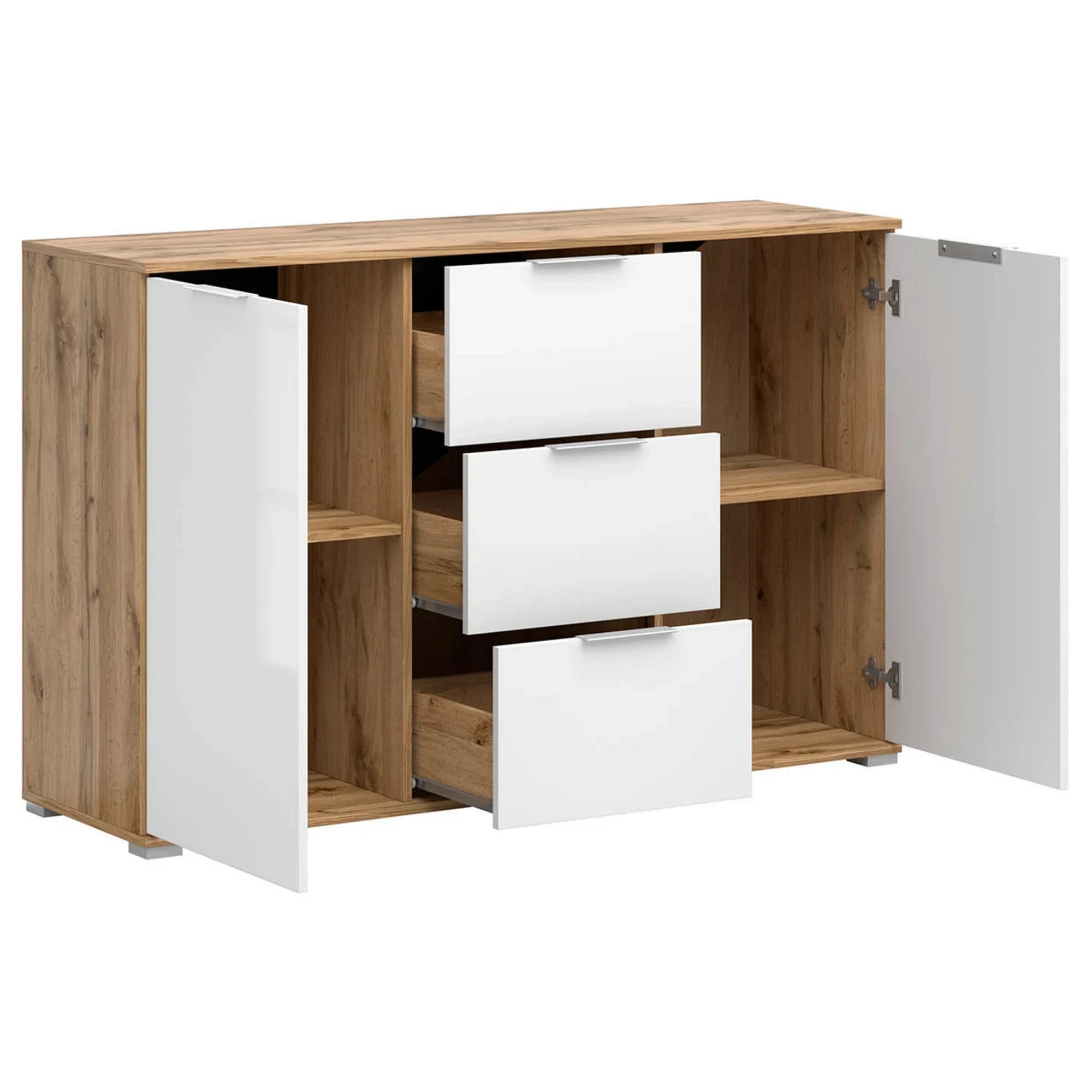 Set dormitor ZELE 2, stejar wotan/alb, pat 160x200, dulap 2 usi si un sertar, 2 noptiere si comoda
