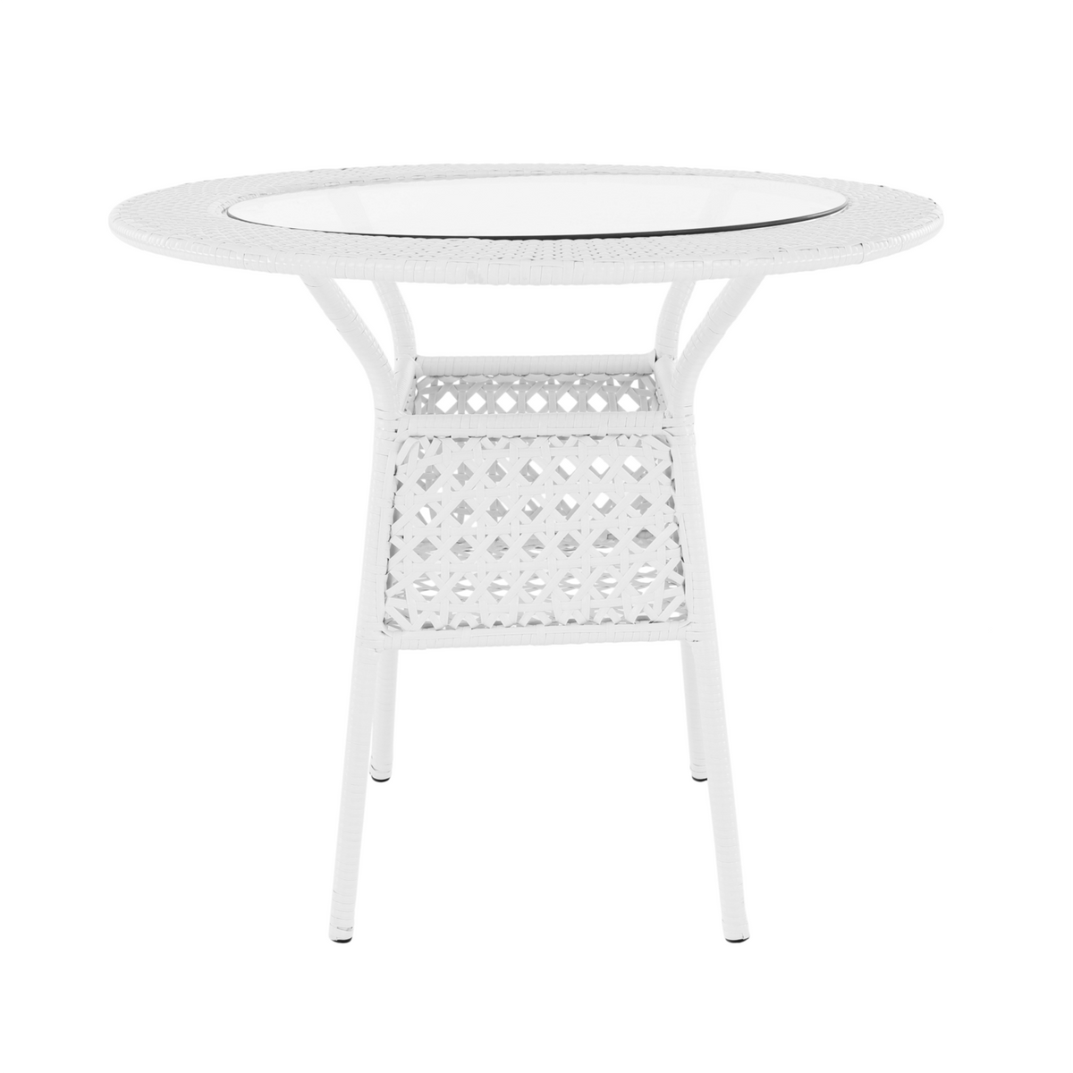 Set gradina KOVEN, alb, ratan sintetic/sticla temperata/otel, cu masuta si 4 scaune