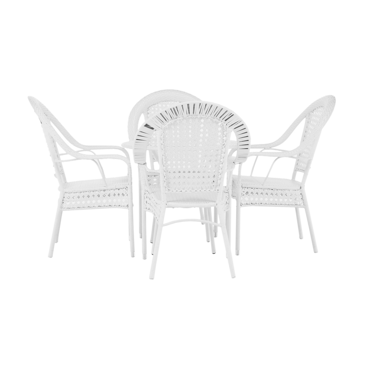 Set gradina KOVEN, alb, ratan sintetic/sticla temperata/otel, cu masuta si 4 scaune