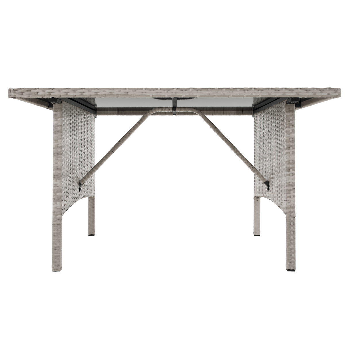 Set gradina LALEN, gri, ratan sintetic/metal/sticla temperata, cu masa, 2 scaune, 2 taburete si canapea