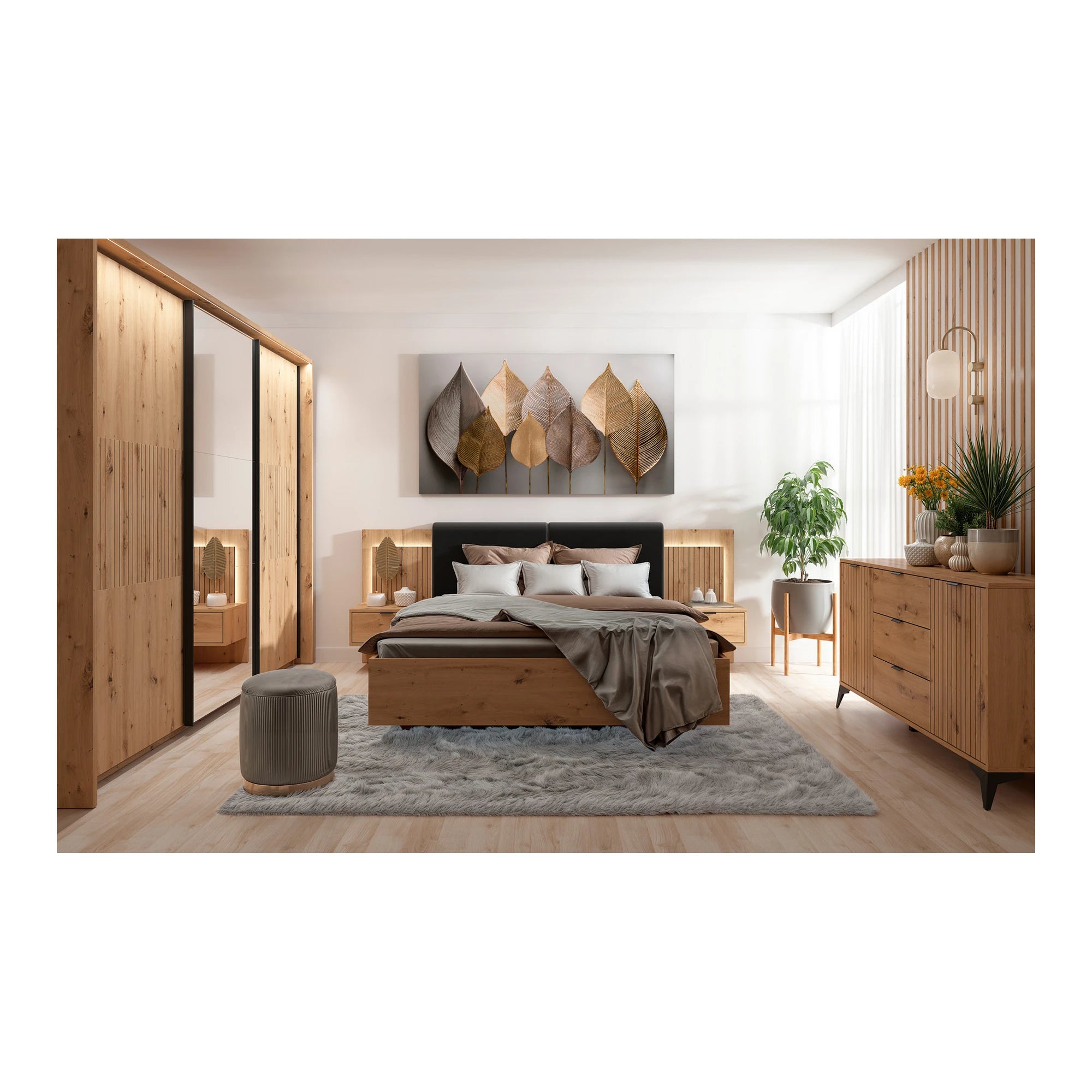 Set dormitor LAMEA, stejar artisan, pat 160x200, dulap cu 3 usi, 2 noptiere si o comoda