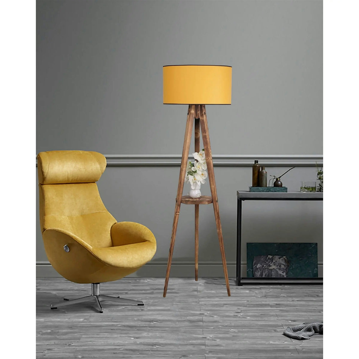 Lampadar SEHBALI, stejar/galben, lemn/material textil, 45x153 cm