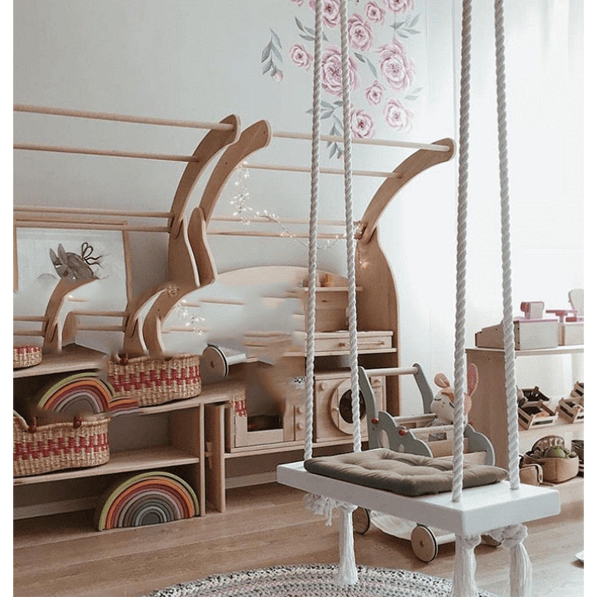 Leagan copii SVING, bej/alb, lemn/franghie, 50x18x3 cm