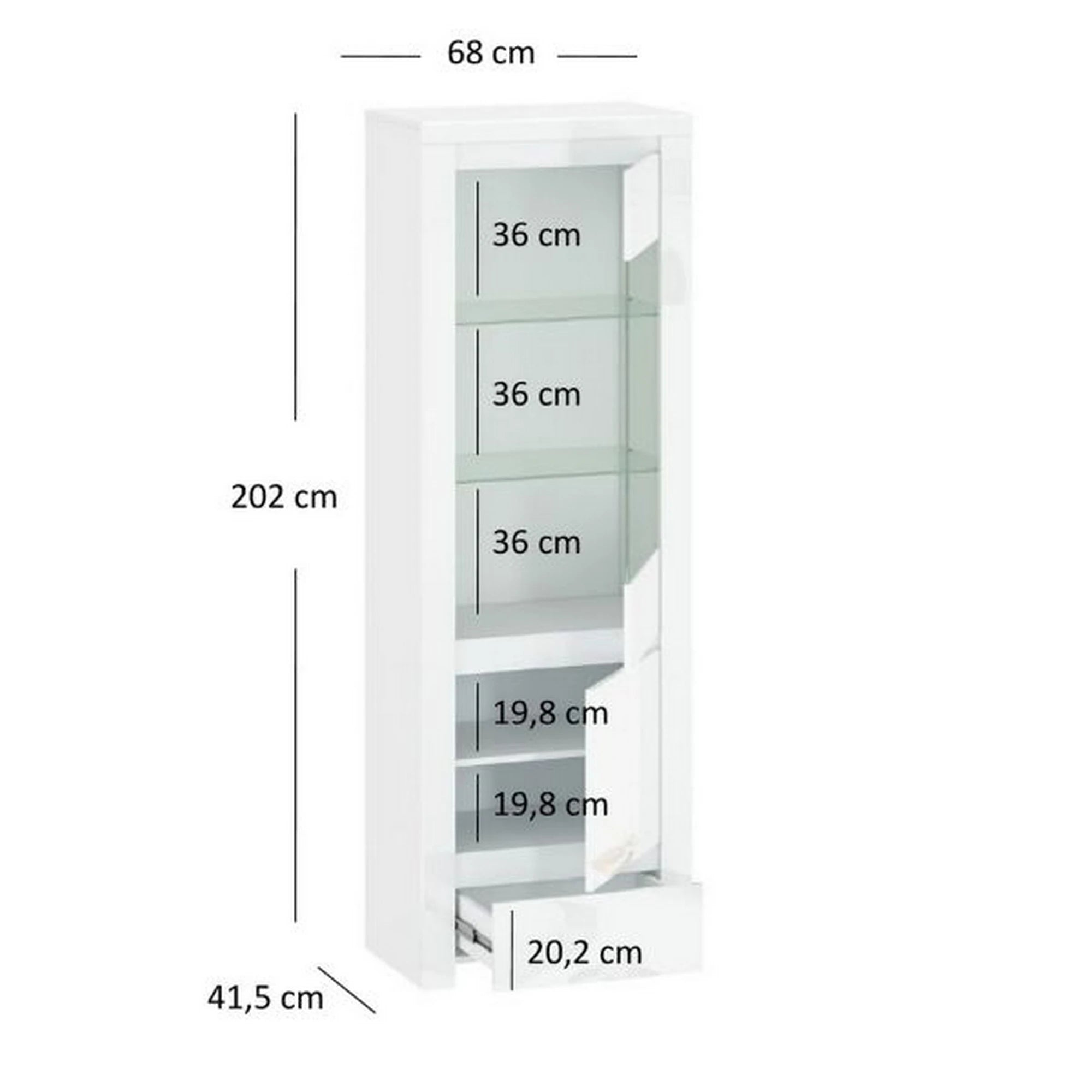 Vitrina living moderna LINGO, alb lucios, PAL laminat, 68x42x202 cm