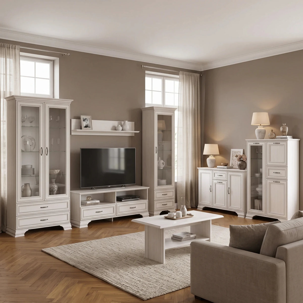 Mobilier sufragerie clasic TIFFANY II, grej, PAL laminat, 7 piese