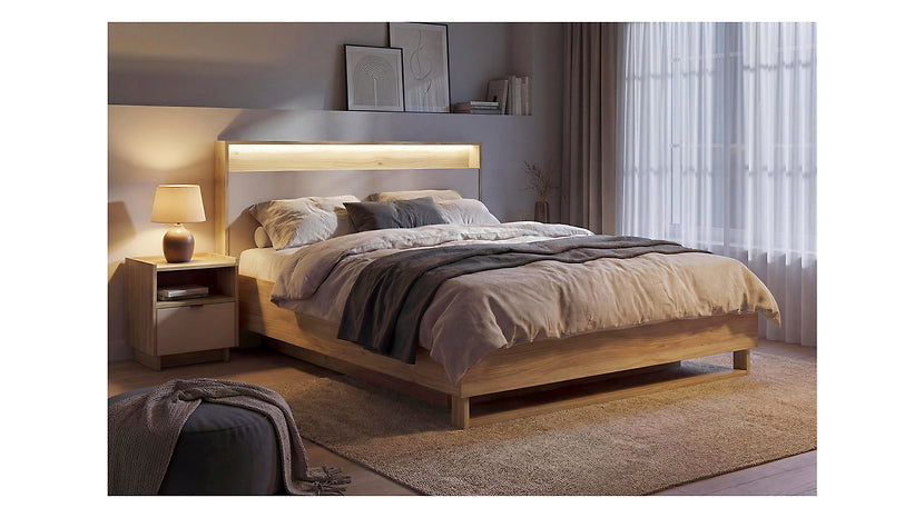 Pat DALVA 160x200, stejar/casmir, PAL, cu somiera, lada depozitare si iluminare LED