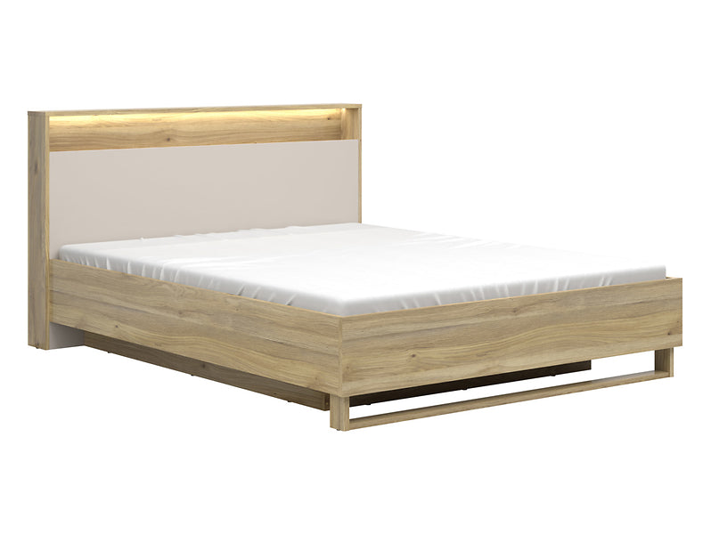 Pat DALVA 160x200, stejar/casmir, PAL, cu somiera, lada depozitare si iluminare LED