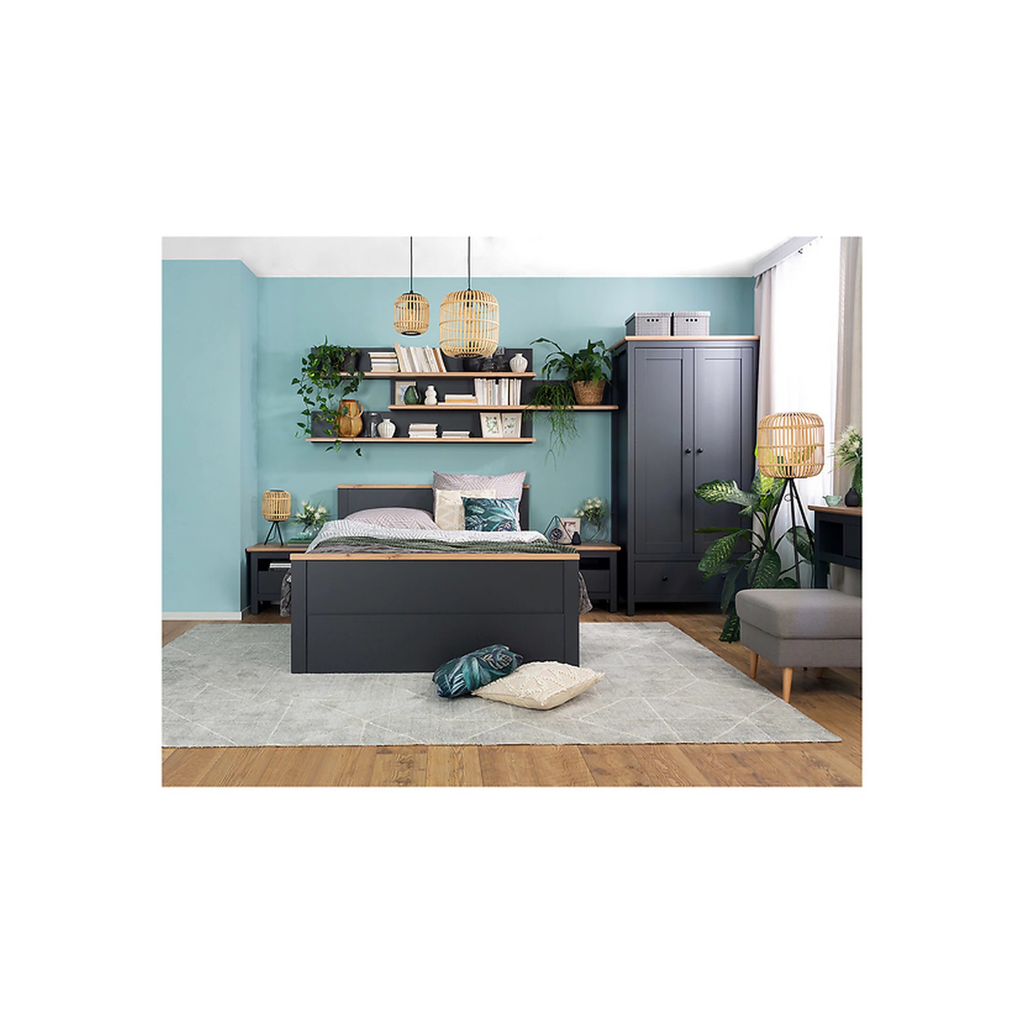 Cadru pat HESEN 140x200, gri grafit/stejar artisan, PAL