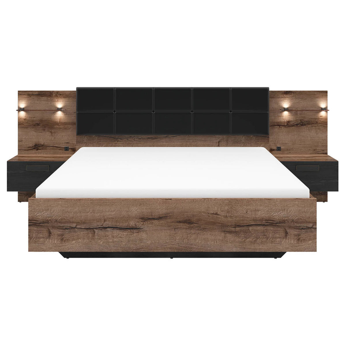 Set dormitor KASSEL, stejar/negru, pat 160x200 cu noptiere, dulap cu 2 usi si comoda