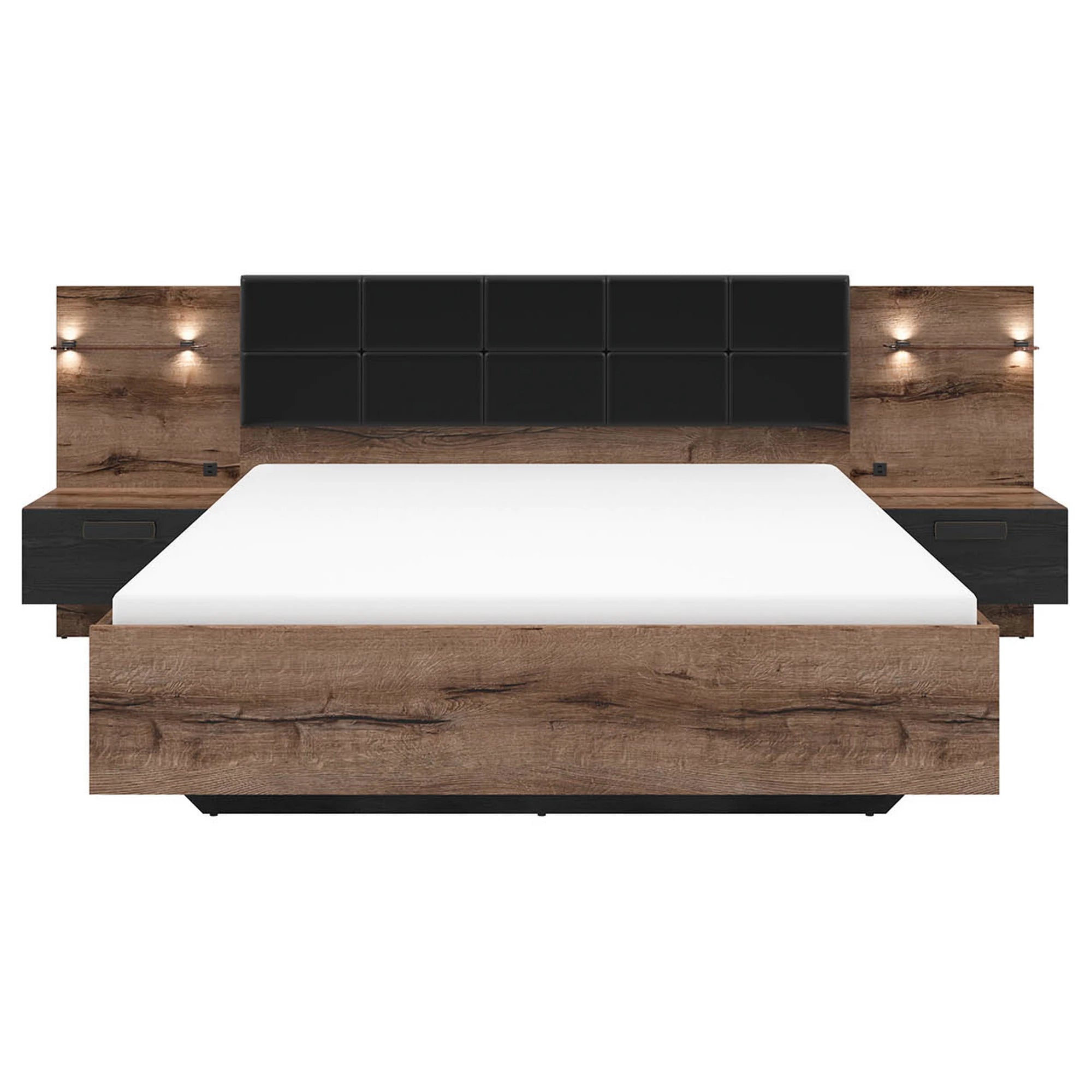 Set dormitor KASSEL, stejar/negru, pat 160x200 cu noptiere, dulap cu 2 usi si comoda