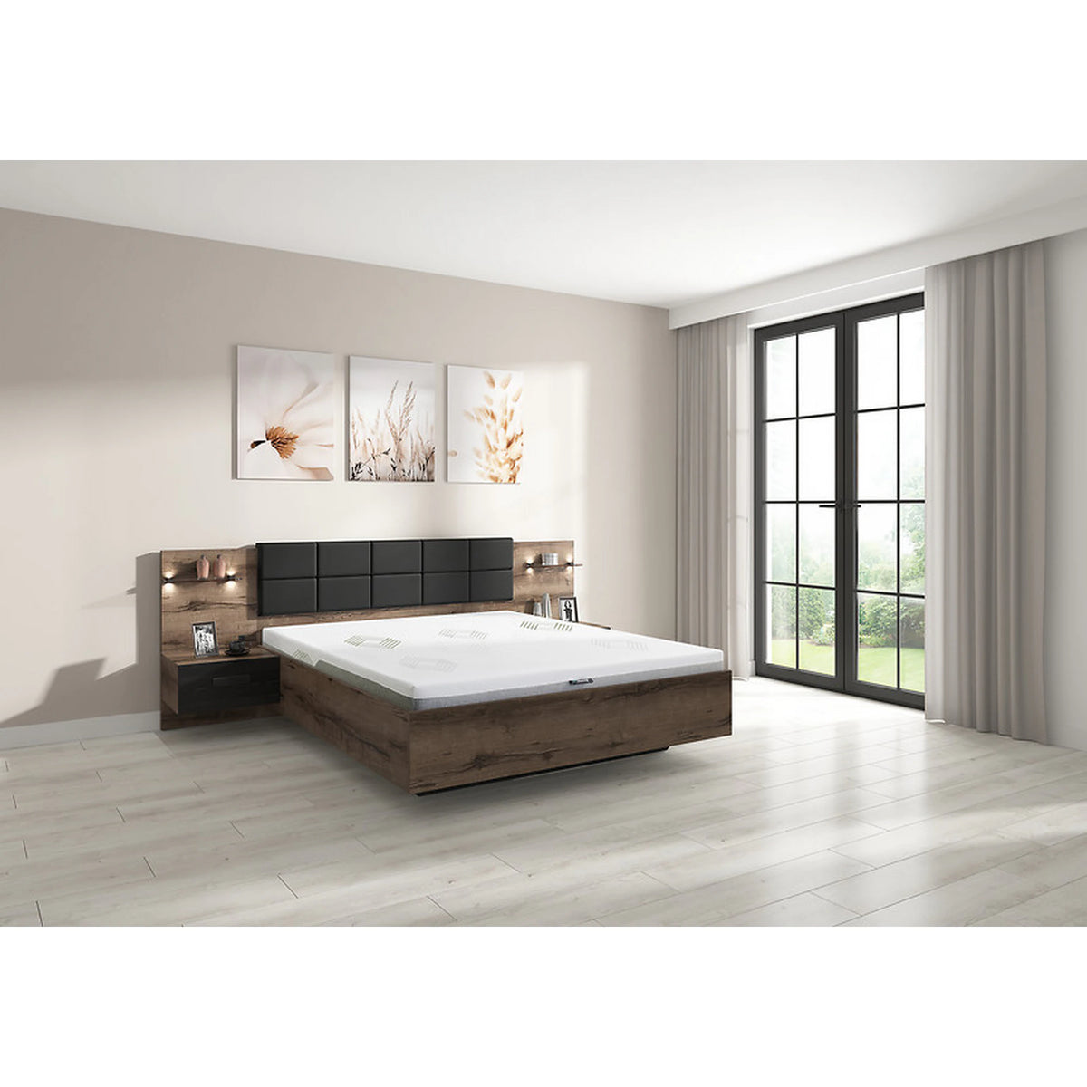 Pat KASSEL 160x200, nuc/negru, PAL/piele ecologica, cu somiera, spatiu depozitare, iluminare LED si 2 noptiere integrate