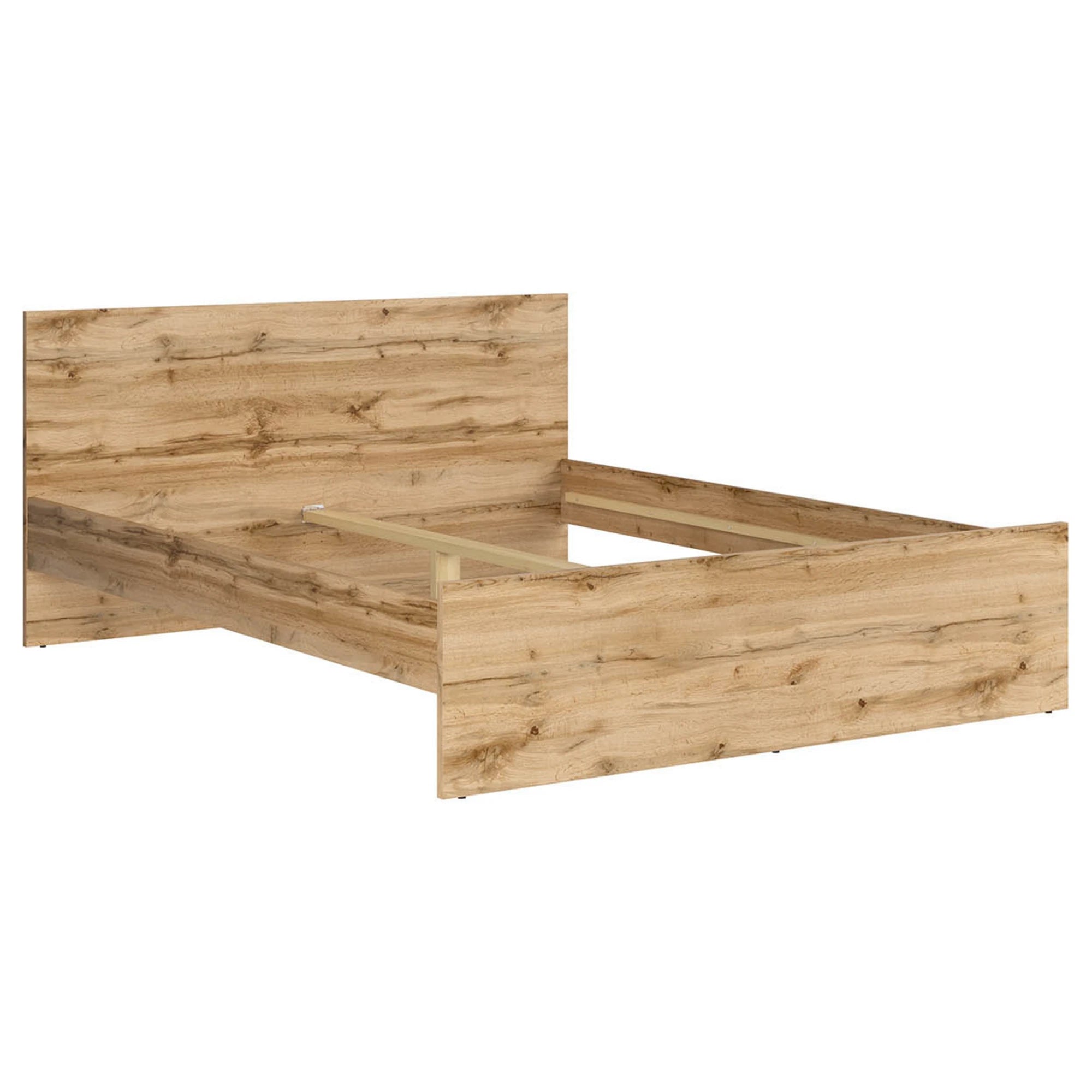 Set dormitor NUIS, stejar wotan/alb lucios, pat 160x200, dulap cu 4 usi, 2 noptiere si o comoda