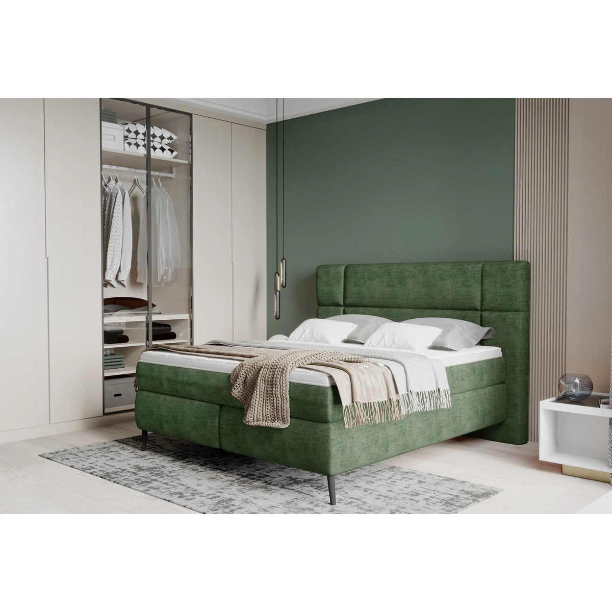 Pat tapitat boxspring LUCIO 180x200, stofa catifelata bej deschis - Ontario 02, Gama Premium, cu saltele si topper