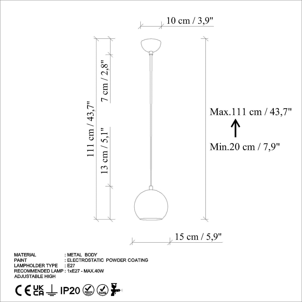 Lustra 795LMG1225, metal, 15x20-111 cm