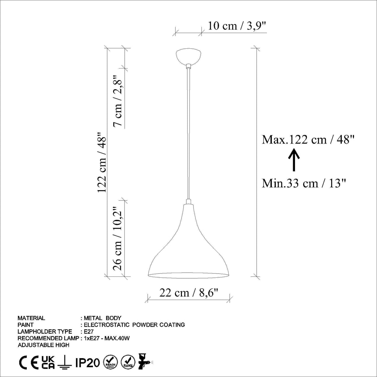 Lustra BITLIS, albastru, metal, 22x33-122 cm