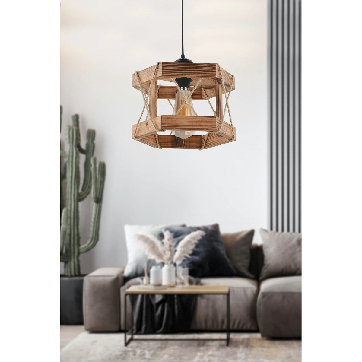 Lustra HEXAGONAL, stejar/negru, lemn/metal, 29x64 cm
